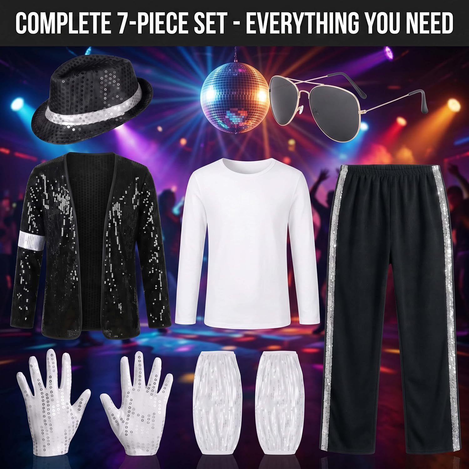 Men's 80s 90s Pop Star Costume, 7-Piece Halloween Dance Stage Outfit