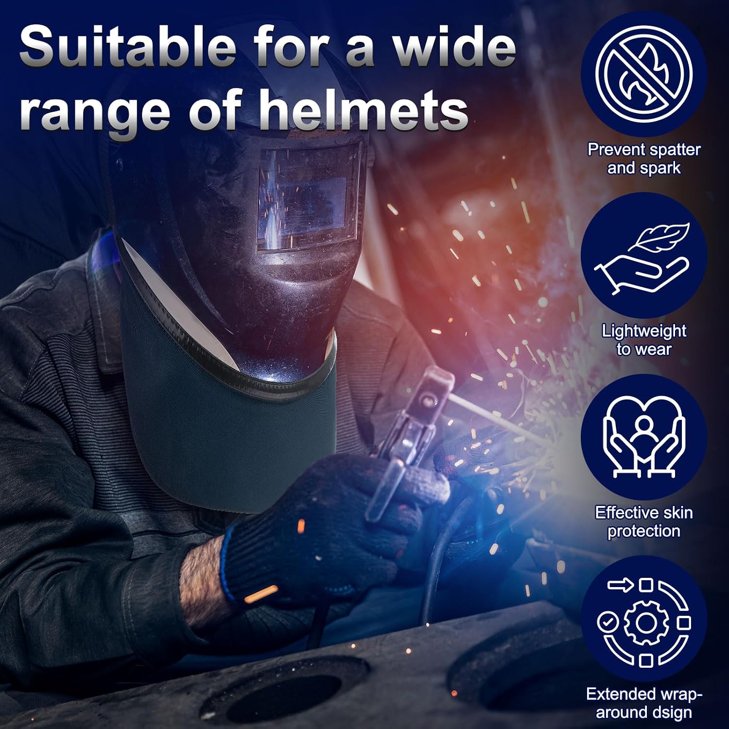 HARFINGTON Welding Helmet Cover and Helmet Bib Set FR Cotton Welding Helmet Headcover Wrap-Around Helmet Bib Welding Accessories with Press Fit Seal for Most Welding Helmets, Dark Blue