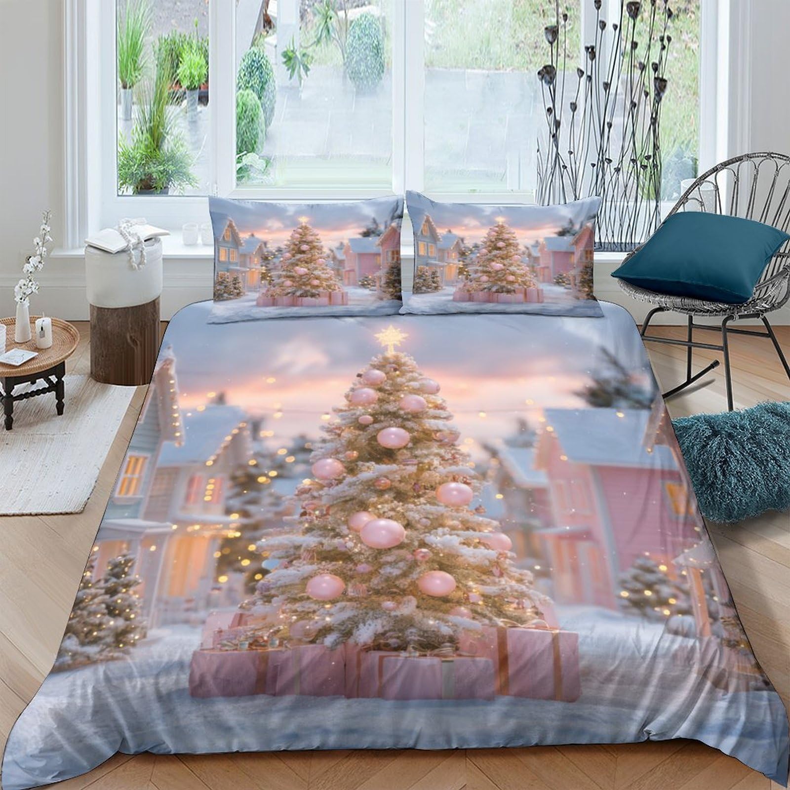 Ctjqhvkz Style-2 3D Printed Christmas Tree Fitted Sheet Microfiber Soft Winter Village Bed Cover For Bedroom Guest Room Decor Single（135X200cm）