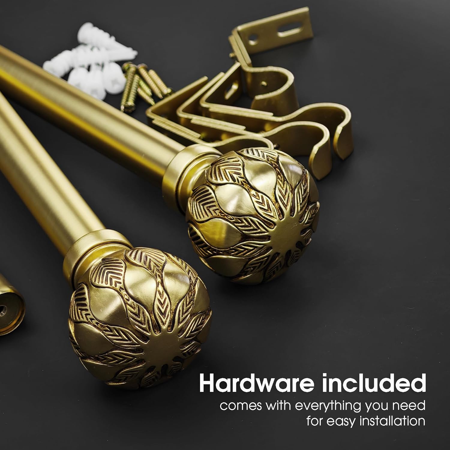 1 Inch Single Curtain Rods 72 to 144 Inches Adjustable Drapery Rods for Window width 68 to 140 Inches, Carved Leaves Finials, Brushed Gold