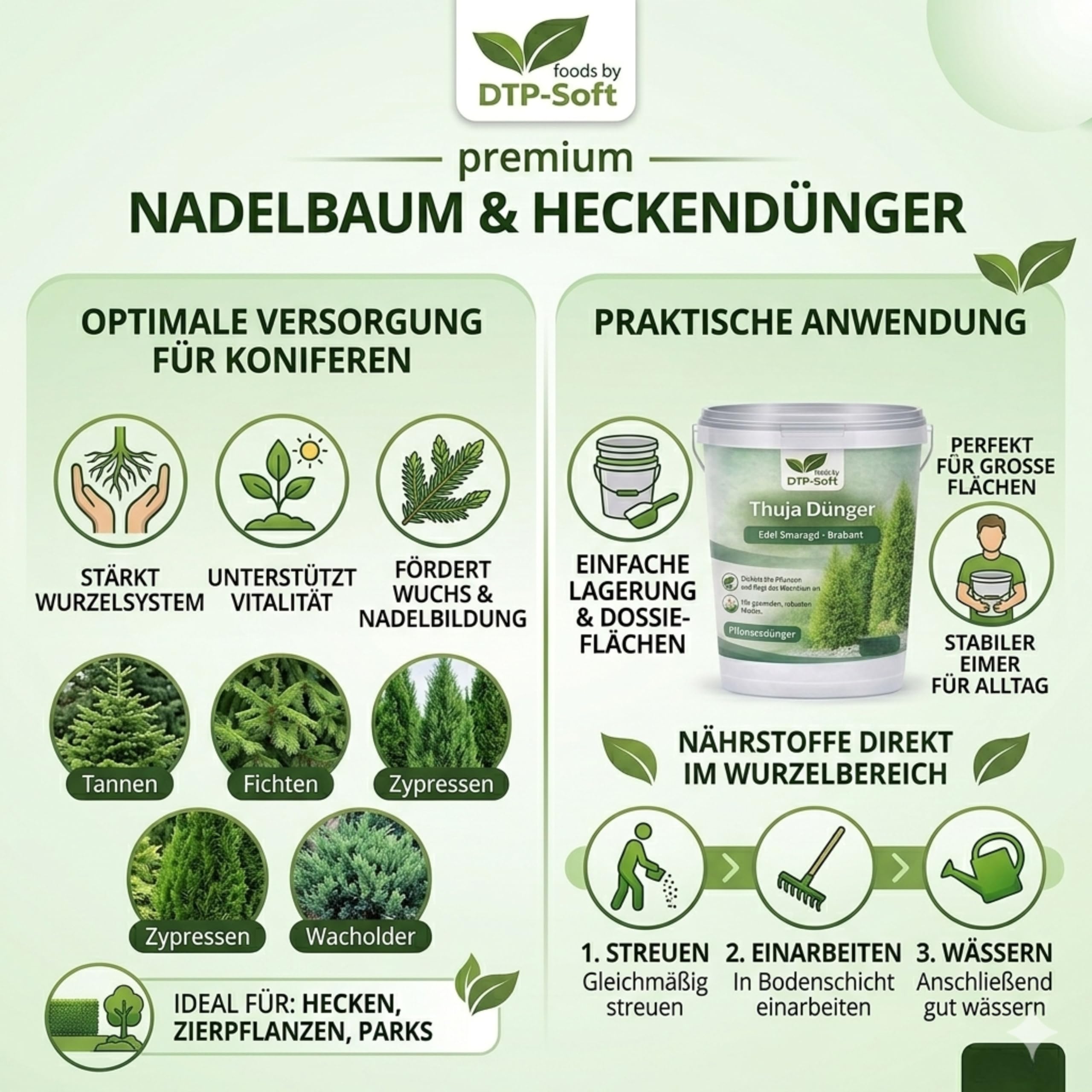 Thuja Dünger 10kg Eimer Koniferendünger - Lebensbaum Spezialdünger für Thuja Smaragd, Thuja Brabant und Thuja Edel - Heckendünger für dichte, kräftige und sattgrüne Hecken - für Garten, Zierpflanzen