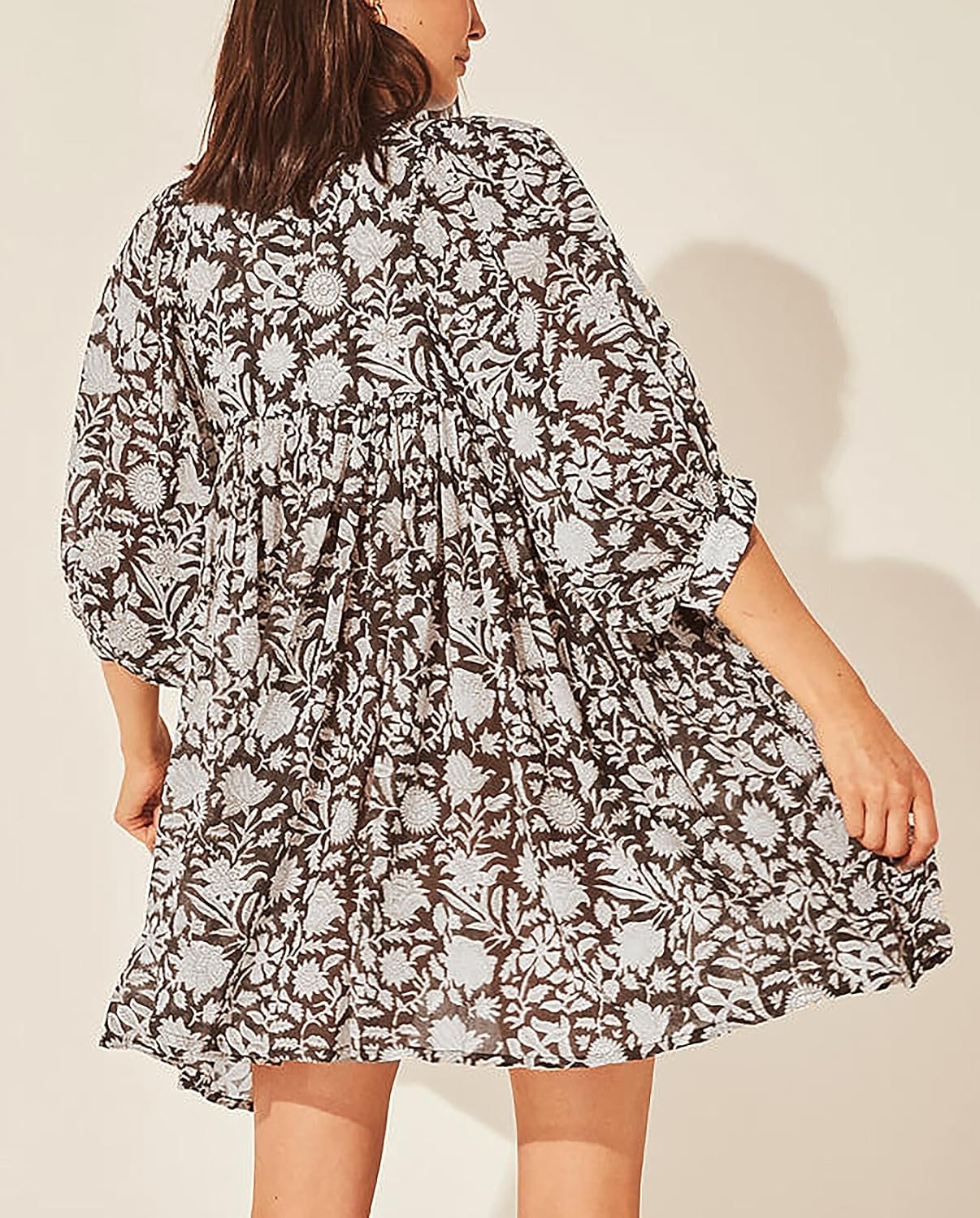 Womens Summer Dresses Casual Boho Floral Babydoll Balloon Sleeve Half Open Tether Flowy Short Beach Dress - Image 4