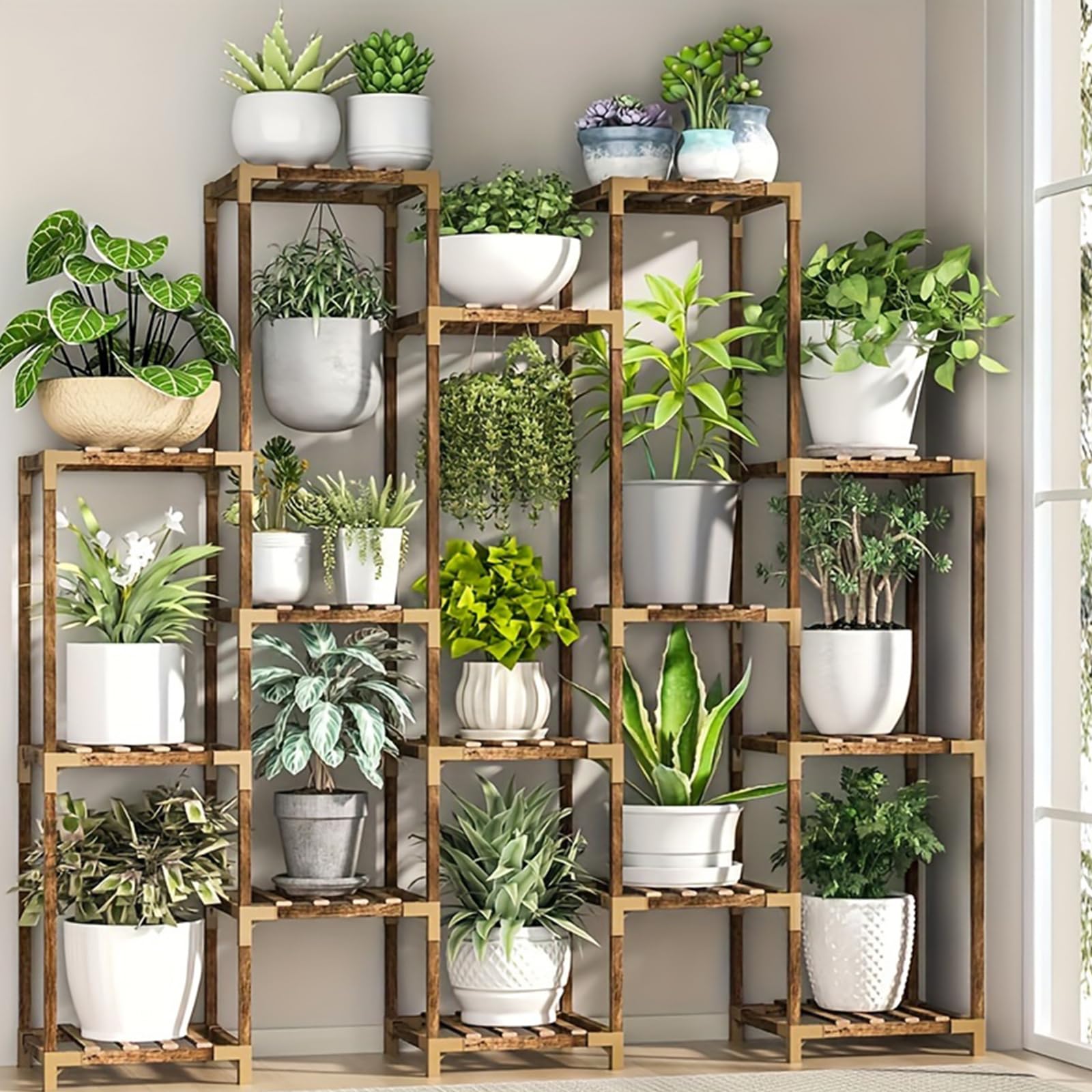 Yagosodee Plant Stand Indoor 15 Tiers Tall Wood Plant Shelf Outdoor Flower Pot Ladder Holder Stand Multiple Tiered Large Display Rack For Living Room Balcony Patio Home Decor For Gardening