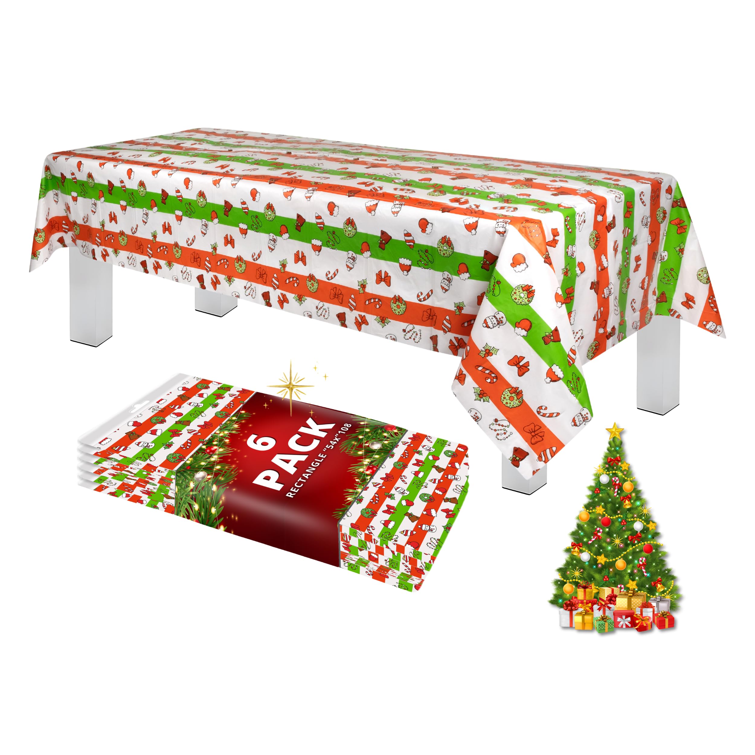 Grandipity Holiday Christmas 6 Pack Premium Disposable Plastic Tablecloth 54 Inch. x 108 Inch. Rectangle Table Cover