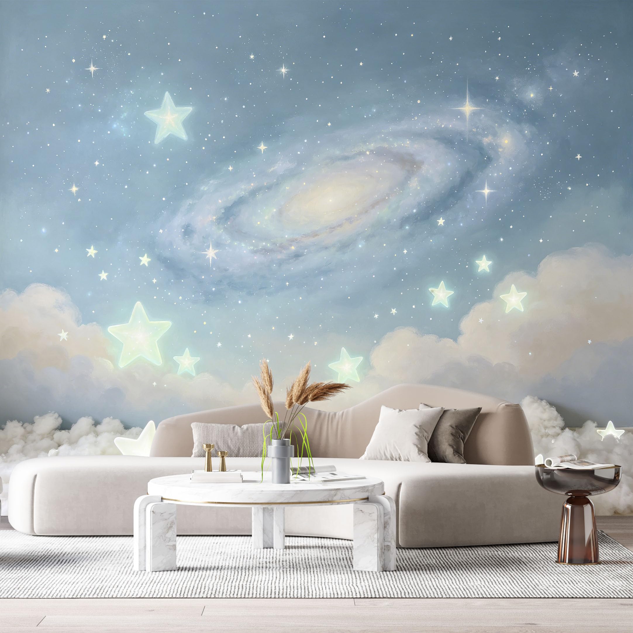 Custom Size Wall Murals Galaxy Night Sky Watercolor Clouds Glowing Stars SelfAdhesiveWall Fabric Removable Wallpaper Wall Decor for Living Room Bedroom Bathroom