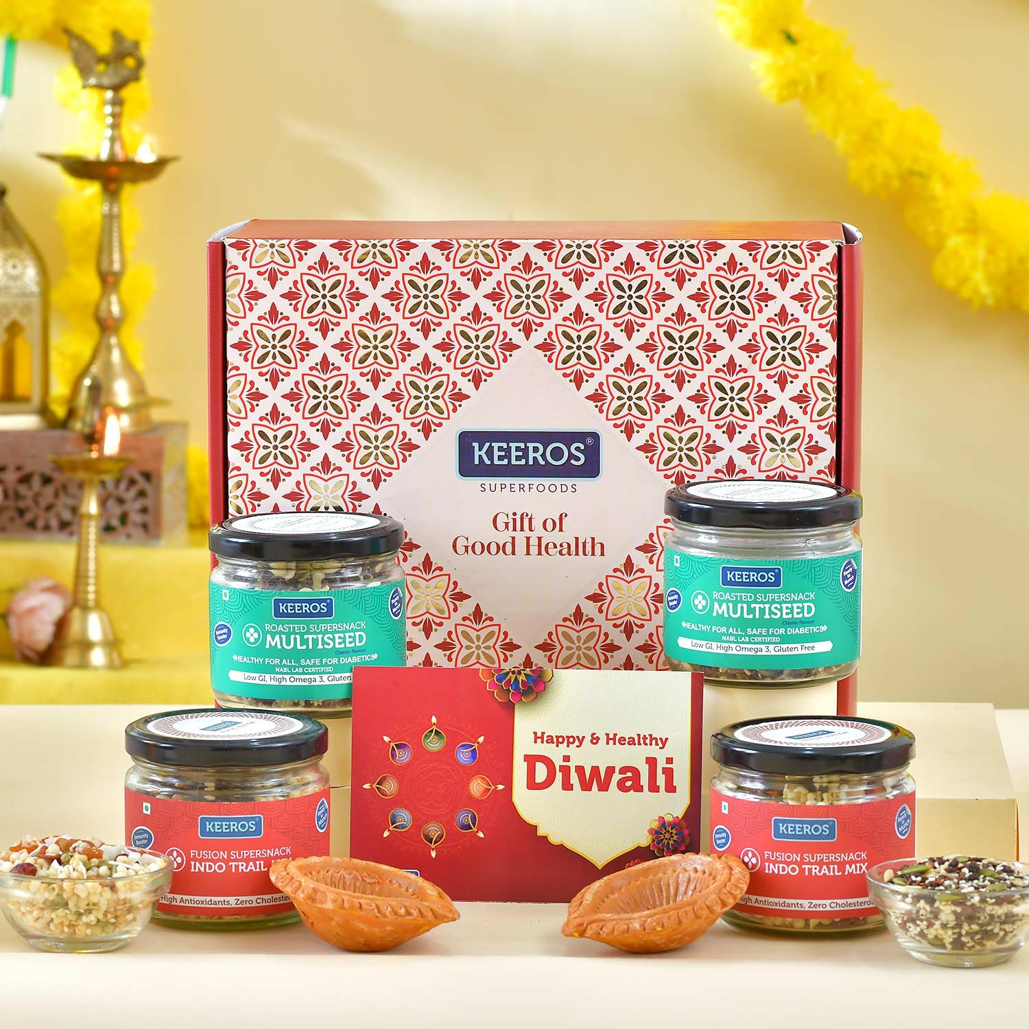 Keeros Healthy Diwali Sweets Gift Box |Combo of 2 varieties of Tasty & Nutritious Sweet Snacks (Dry Fruits mixed) in Glass Jars packed in a Premium Diwali Gift Hamper for Friends, Family & Corporate Employee-image-23