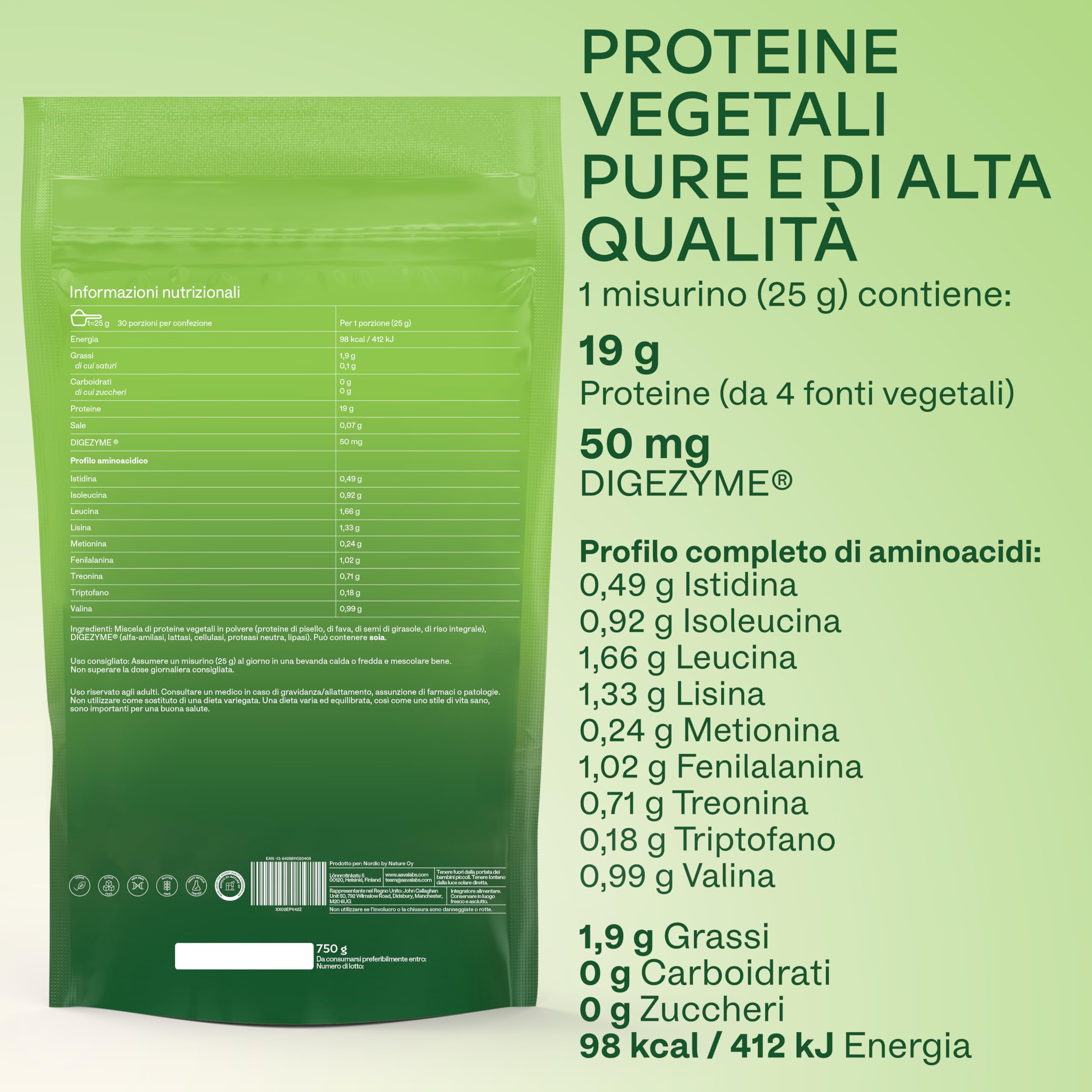 Proteine in Polvere Vegane Neutre 750g DIGEZYME® | 19g Proteine Vegetali da Riso, Pisello (Pea), Fava, Girasole, senza Lattosio, Zucchero, Edulcoranti, Glutine - 9 EEA e BCAA - Vegan Protein Powder