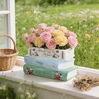 Book-Shaped Decorative Planter Pot - Unique Plant Vase & Bookshelf Desktop Office Decor for Book Lovers|Ceramic Planter with Drainage| Gift for Plant Lovers, Home Decor Enthusiasts