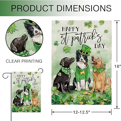 Miniatura 2 de Hzppyz Bandera de jardín con diseño de perros del Día de San Patricio, de doble cara, trébol de trébol dorado para cachorros, decoración pequeña