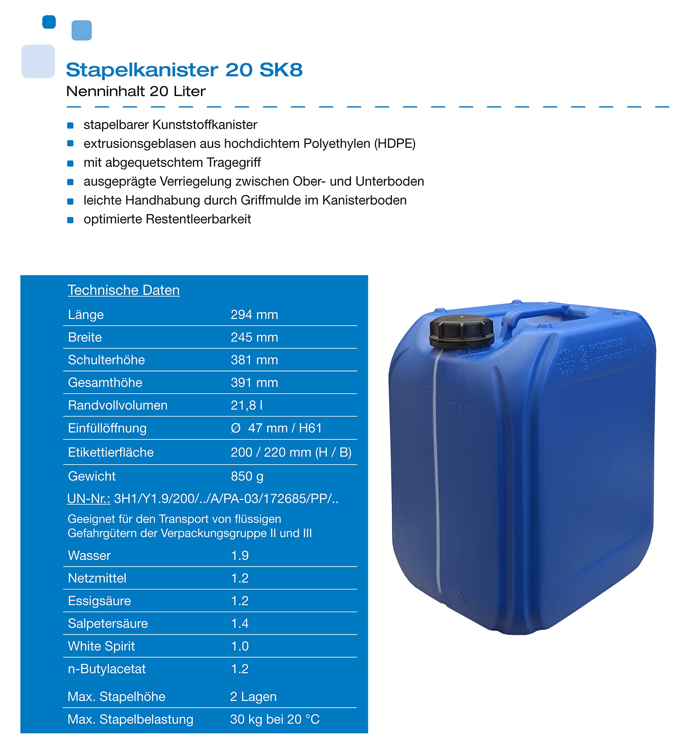 plasteo® Lot de 6 bidons à Eau Bleus de 20 l avec Bouchons et 1 Robinet d'écoulement | sans BPA | Convient à Un Usage Alimentaire | Camping Portable | Intérieur et extérieur | Fabriqué en Allemagne