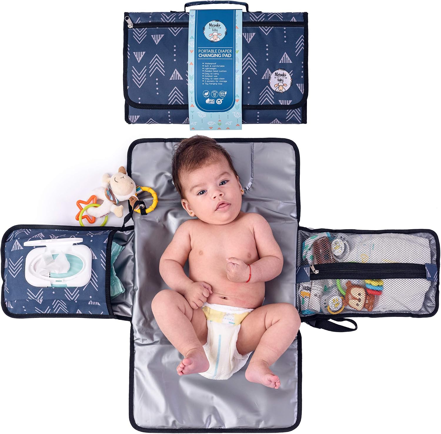 Portable Diaper Changing Pad by Meraki Baby | Waterproof Station Mat Ideal Travel Kit | Easy to Clean | Large Storage Pockets for Wipes Creams Essentials | Built-in Cushion Pillow | Toy Loop |BPA Free