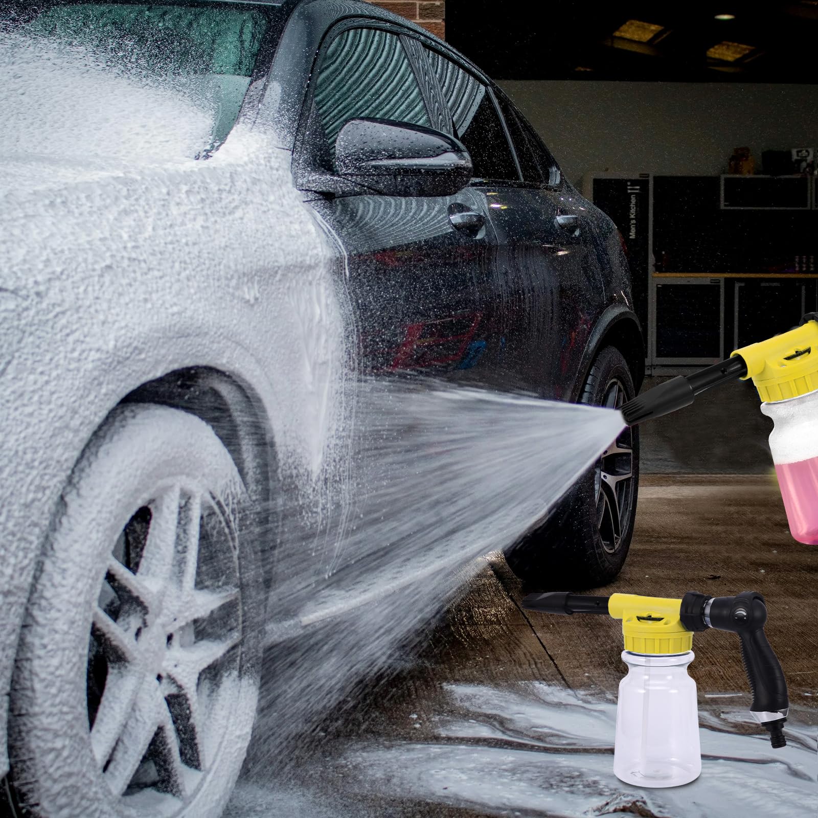 Foam Gun Car Wash 1000ml, 2 in 1 Lancia Schiuma Regolabile, Pistola Schiuma per Pulizia Auto Cannone Schiuma Attacco Tubo da Giardino per Pulizia Auto e Moto Giardini (Giallo)