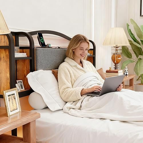 Miniatura 4 de Base de cama tamaño Twin XL con cabecero tapizado y piecero, marco de cama de metal con luces LED y estación de carga, no necesita somier, fácil