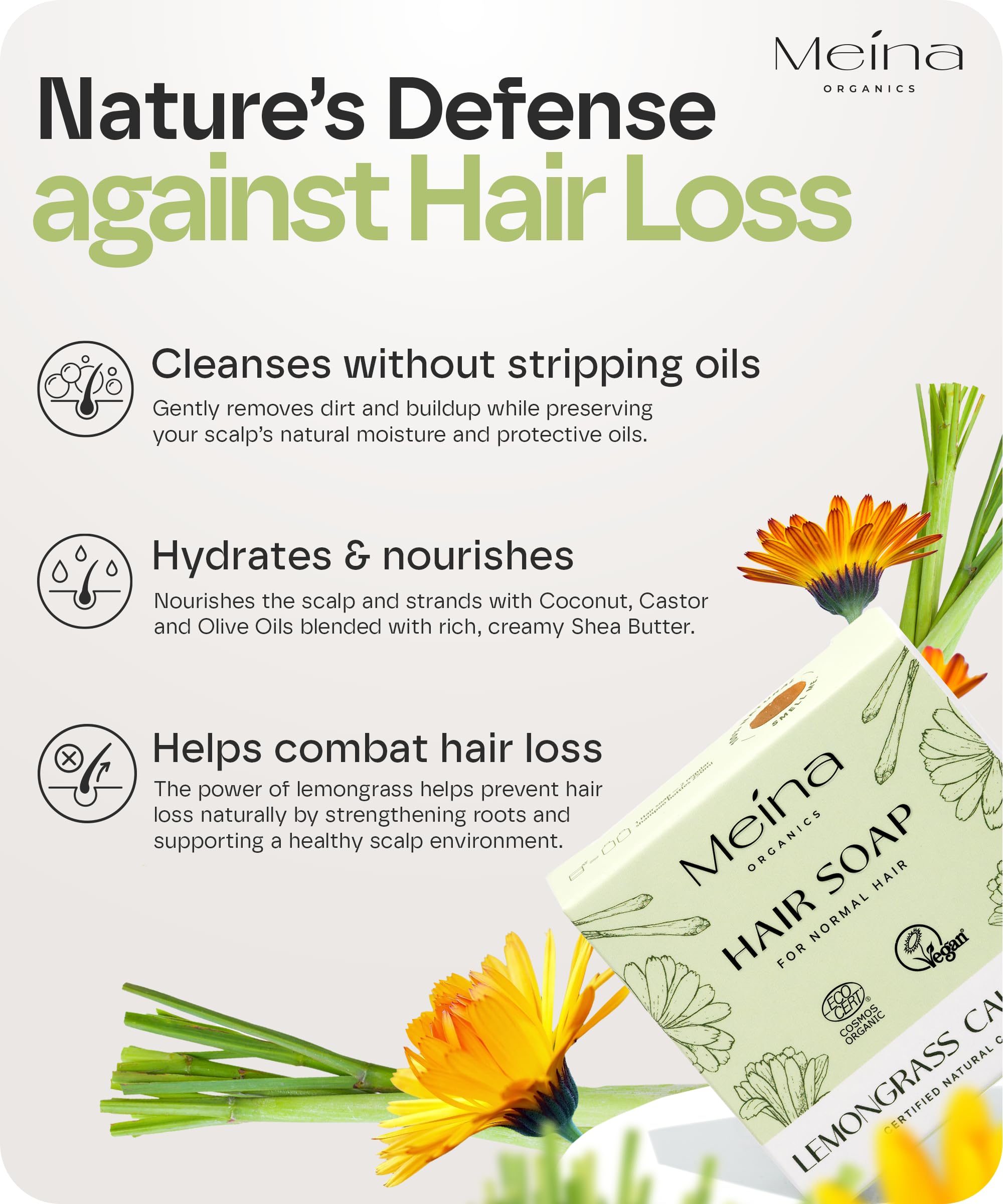 Meina Soap Bar against Hair Loss with Lemongrass, Organic Certified, 100% Natural, Shampoo Bar Substitute, Vegan - Image 2