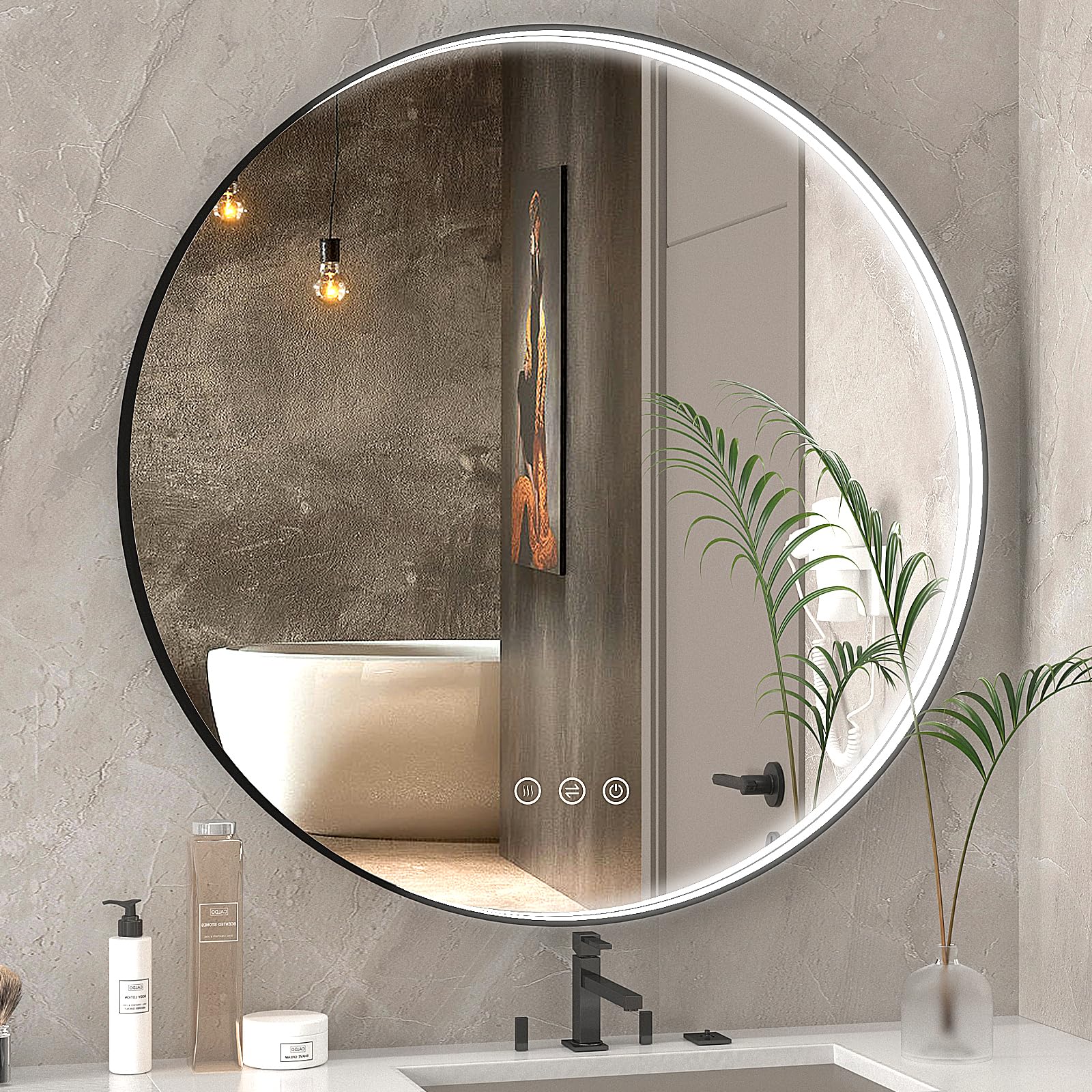 36 Inch LED Round Mirror for Bathroom, Black Metal Framed LED Bathroom ...