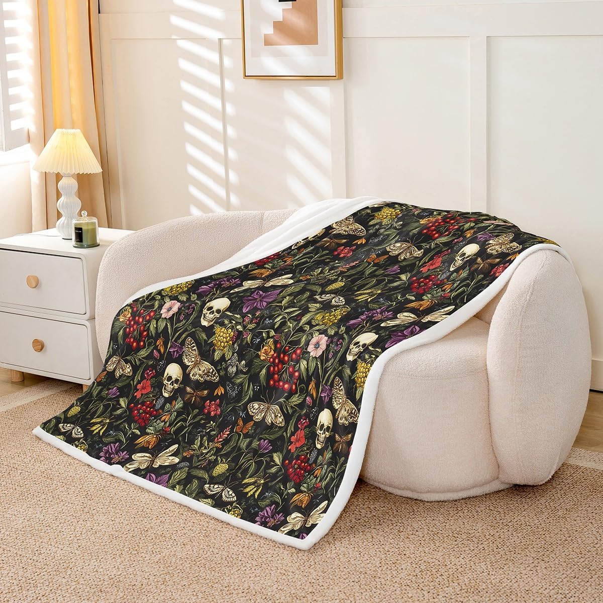 Feelyou Sugar Skull Sherpa Fleece Throw Blanket - Camo Gothic Skull Floral Plush - 40"x50" Botanic Fuzzy Blanket