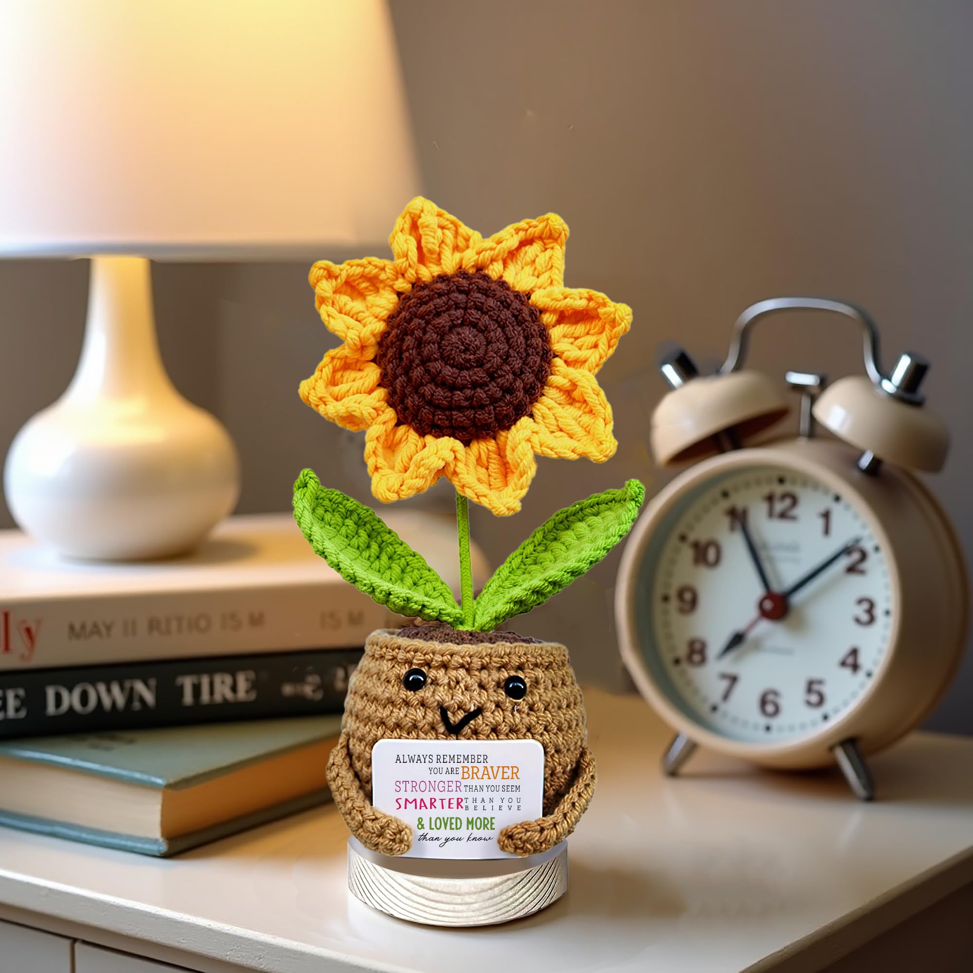 Handmade Positive Sunflower Crochet Doll with Card for Women, Cute with You Are Braver, Smarter, Loved Heartfelt Message - Image 3