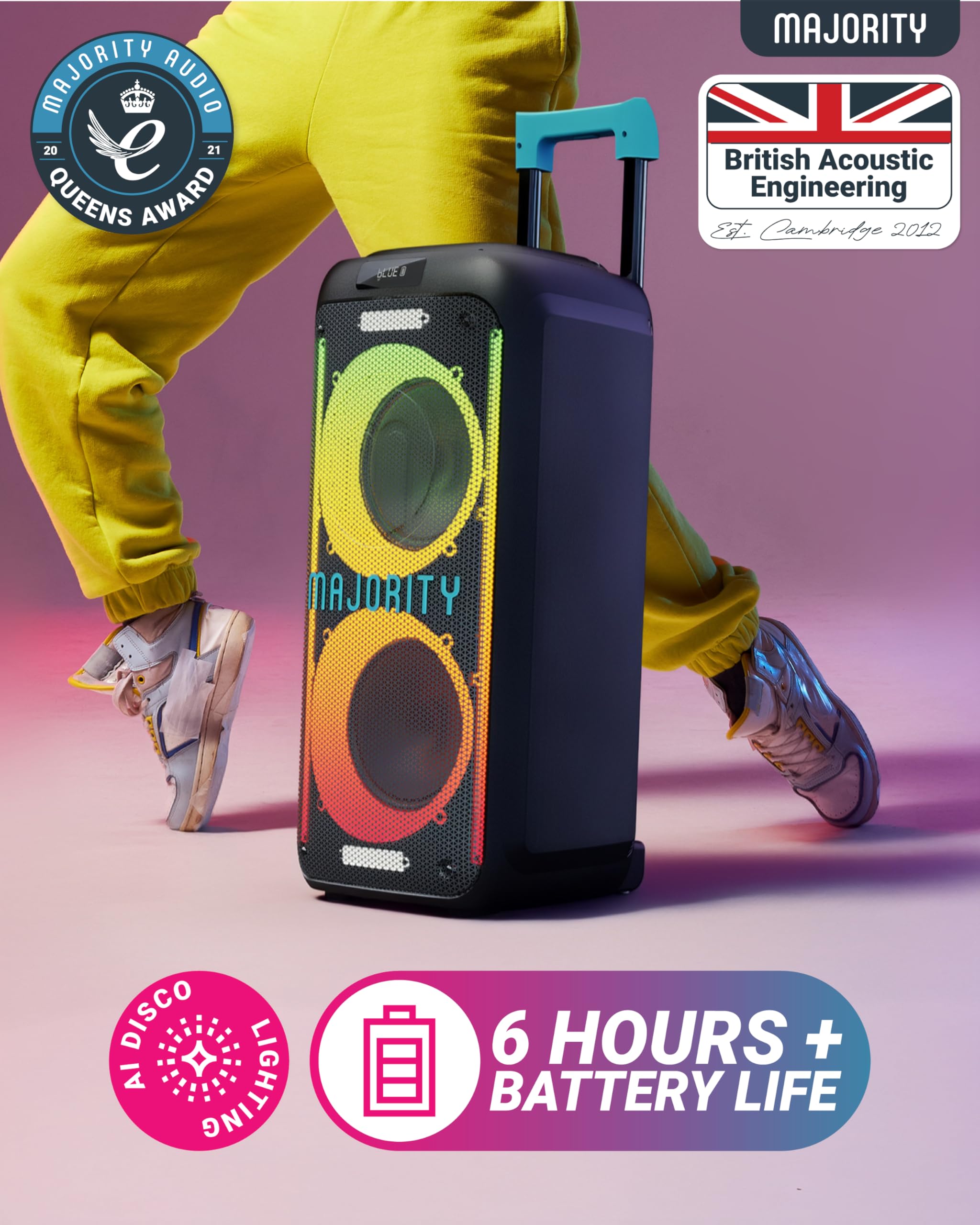 MAJORITY Tragbarer Party-Lautsprecher & Karaoke-Maschine mit kabelgebundenem Mikrofon, Bluetooth, USB/SD MP3-Player, Mikrofon-Echo, Höhen, Bass-Boost, TWS-Stereo, LED-Lichter, PA-System-Lautsprecher