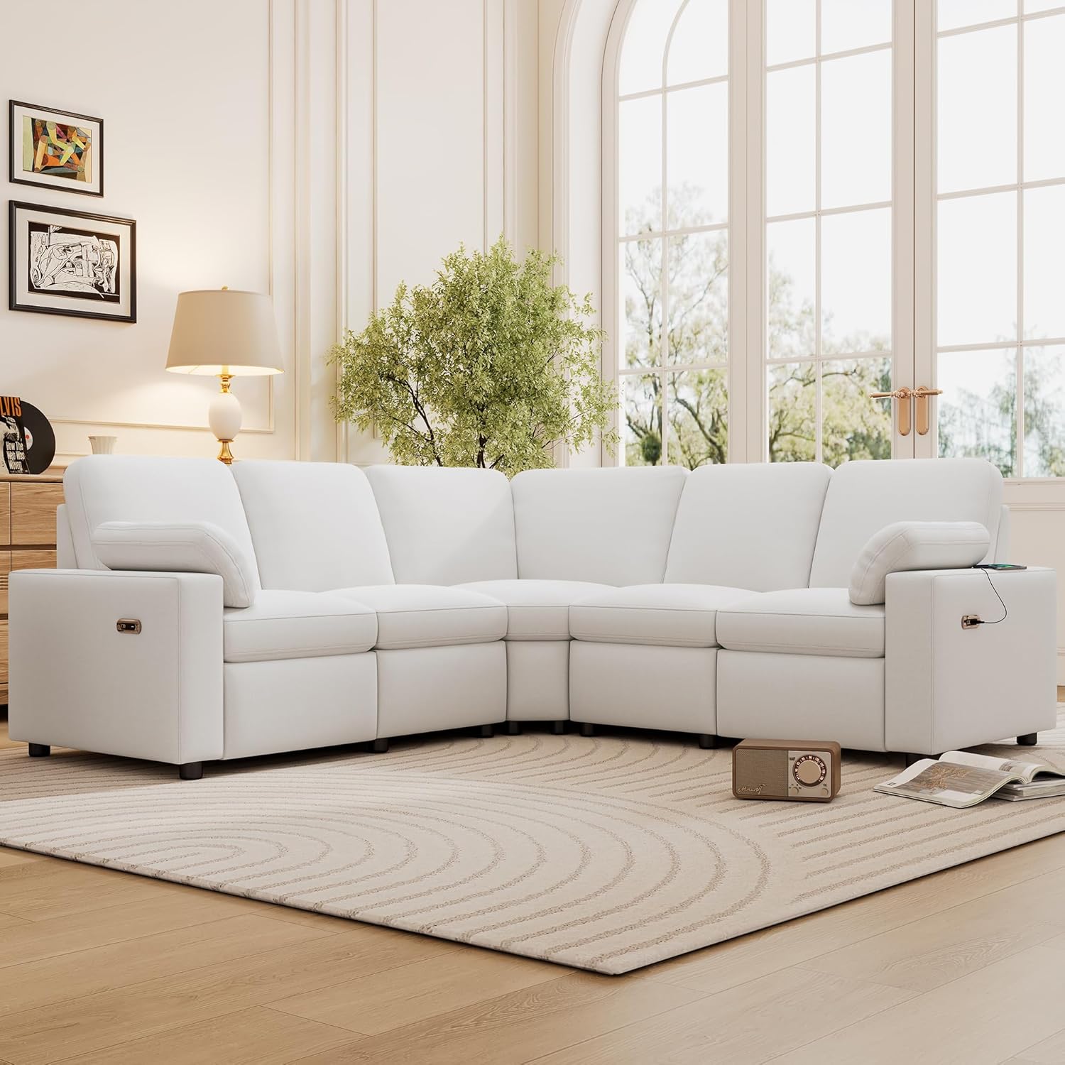 Close-up of the Merax sectional sofa's USB charging ports and recline button