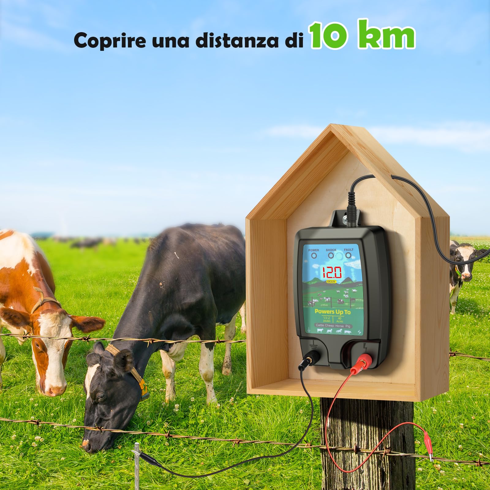 Recinzione elettrica 10 KM ad alta potenza per animali - Elettrificatore professionale 2J con display LCD - Sistema impermeabile resistente per fattoria, giardino e pascolo