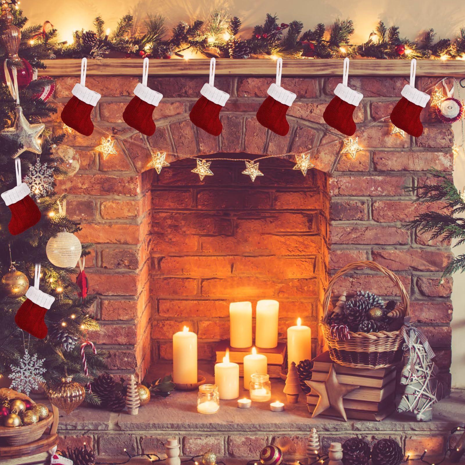 CCINEE Mini-Weihnachtsstrümpfe, rot, gestrickt, Weihnachtsstrümpfe, kleine Strick-Hängestrümpfe, Dekoration für Ferienhaus, Wand, Kamin, Weihnachtsbaumdekoration, 12 Stück