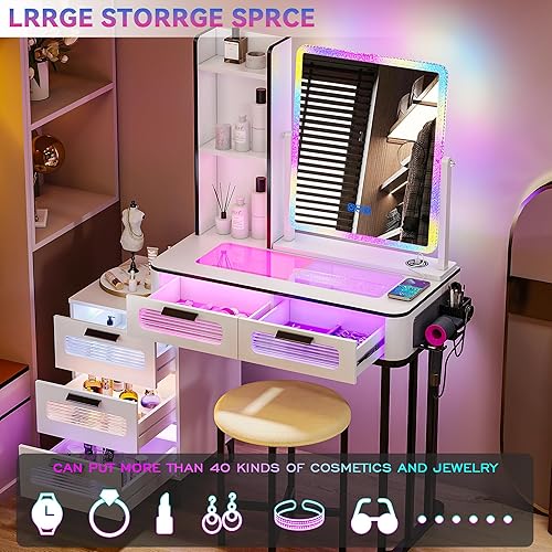 Miniatura 4 de Gurexl Mesa de tocador de maquillaje RGB con estación de carga inalámbrica, maquillaje LED con escritorio visible, juego de mesa de tocador 7