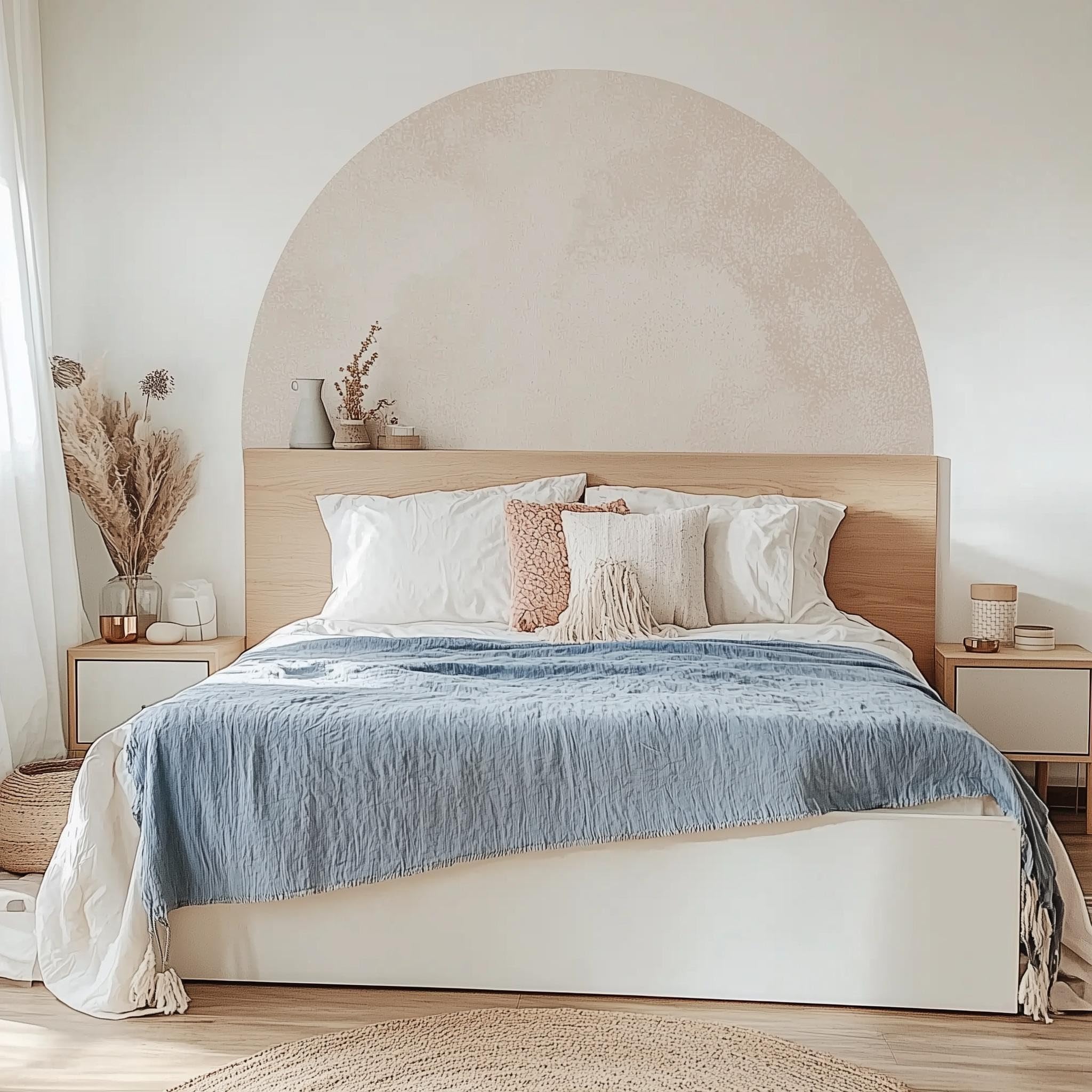 Autocollant pour tête de lit bohème - Autocollant mural pastel semi-circulaire - Décoration minimaliste pour chambre à coucher - Accent artistique - Décollez et collez - Art mural beige