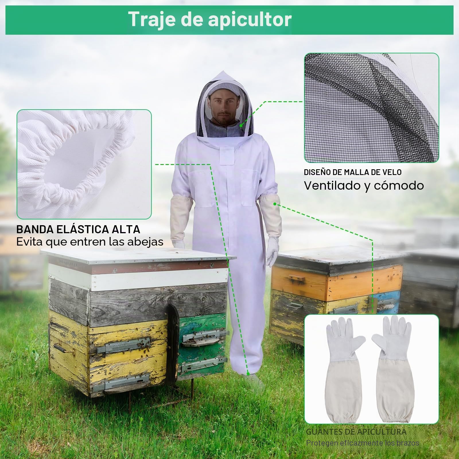 Gugxiom Traje de Apicultor para Mujeres y Hombres, Traje Profesional de Apicultor con Guantes y Capucha Ventilada, Traje Completo de Apicultor para Apicultores Profesionales y Principiantes (XXL)
