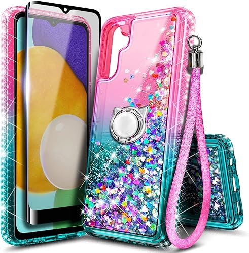 NZND Funda compatible con Samsung Galaxy A14 5G con protector de pantalla de vidrio templado (cobertura máxima), soporte de anillocorrea de muñeca,