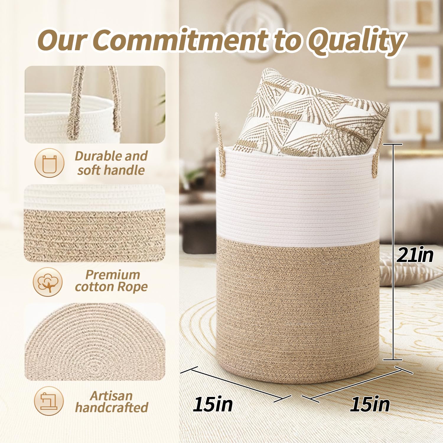 Laundry Basket Woven Cotton Rope Large Laundry Hamper Sorters Versatile Storage for Dirty Clothes Baby Toys and Blankets in Bathroom Nursery and Living Room (60L)