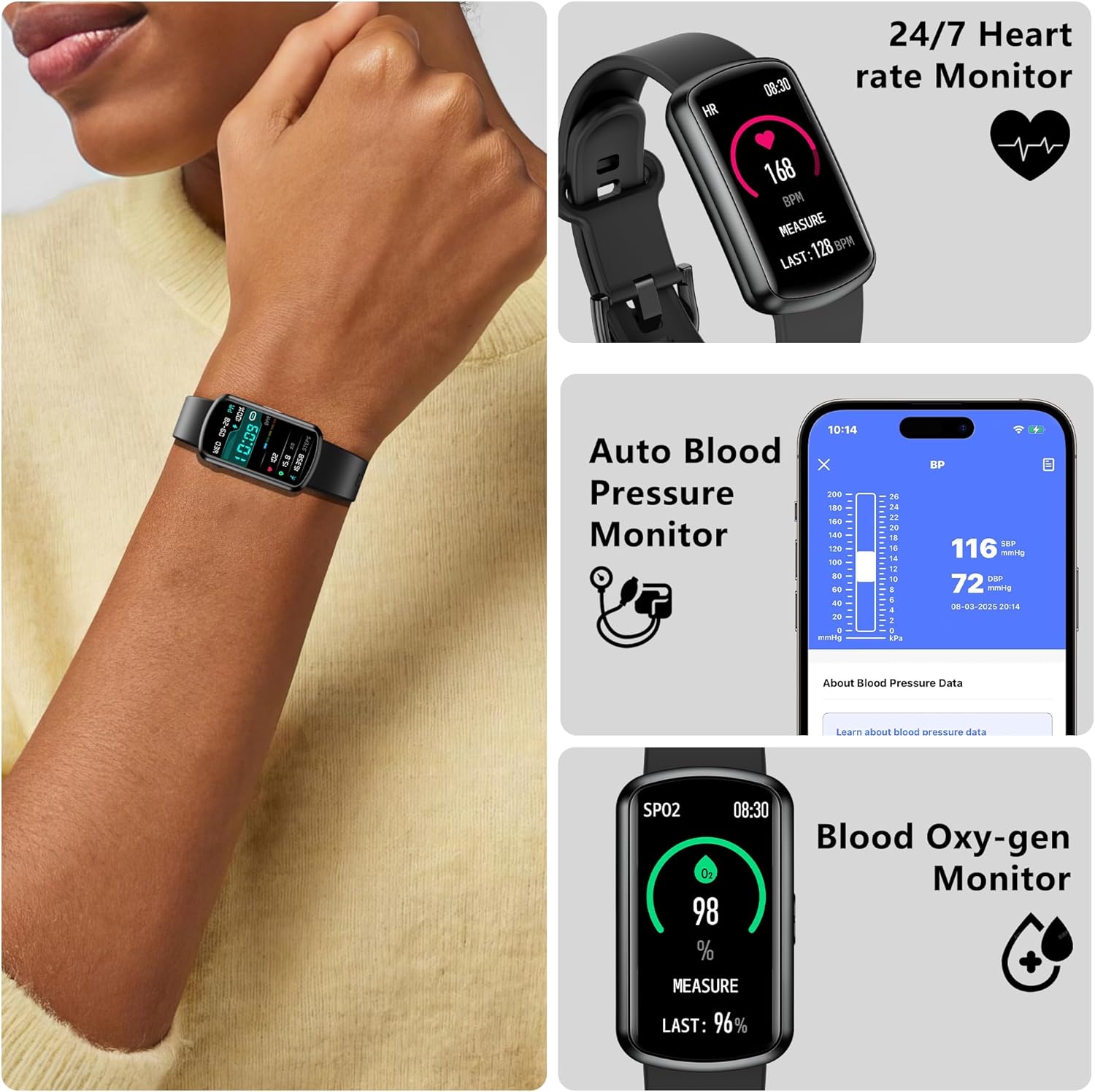 Health Fitness Tracker, Smart Watch with 24/7 Heart Rate, Activity Tracker with Blood Pressure and Blood Oxy-gen Monitor, 120 Sport Mode Waterproof Sleep Tracker for Women Men