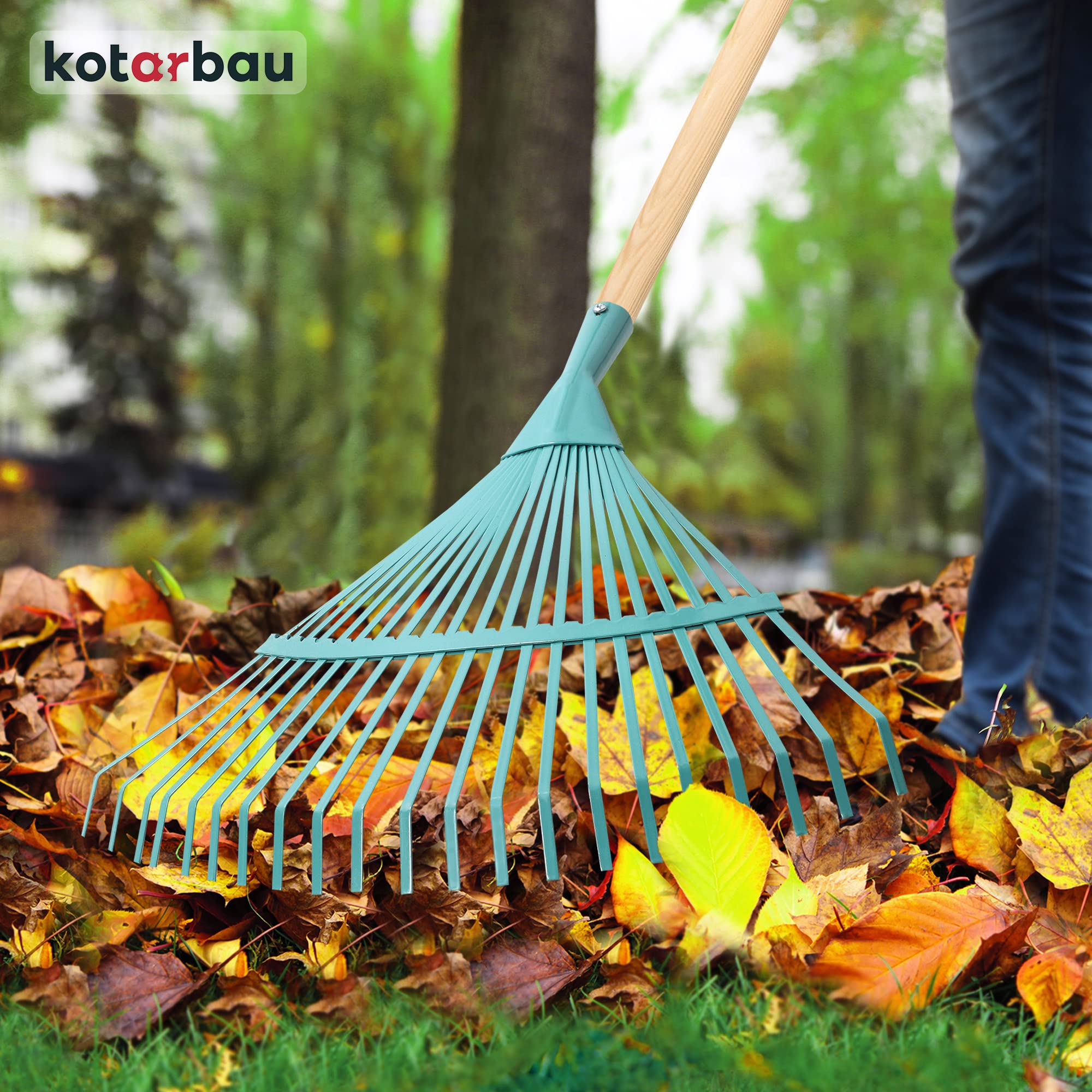 KOTARBAU® Rastrillo Jardín - Acero - 41 cm - Rastrillo Hojas Jardín - con Mango 187 cm - Herramienta Robusta para Jardinería - Turquesa y Madera Natural