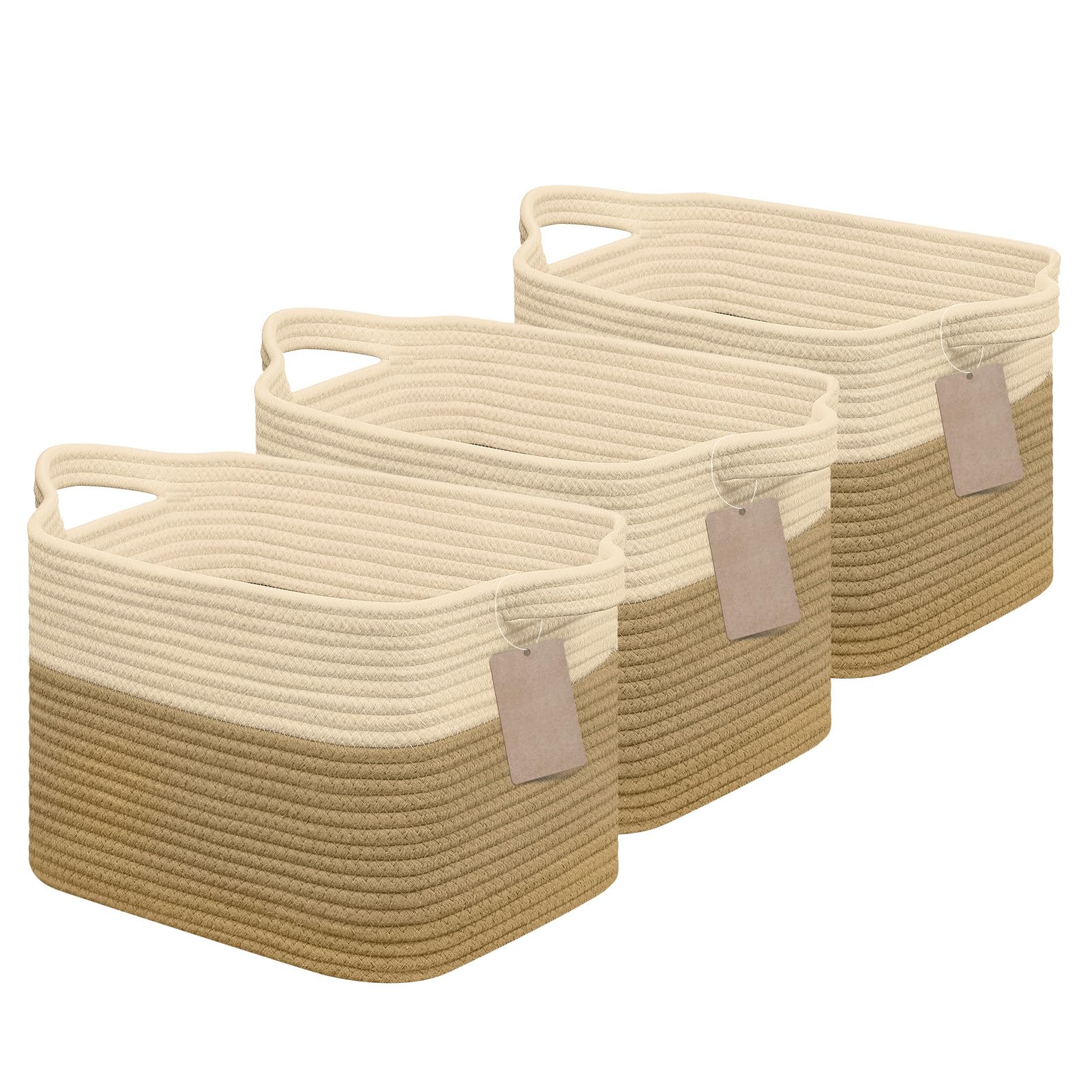 JOJOSEE Small Woven Storage Basket, Cotton Rope Basket for Shelves, Square Shelf Baskets for Home Bathroom Closet Organizer 33x25x22.5cm (Beige&Brown, 3PCS)