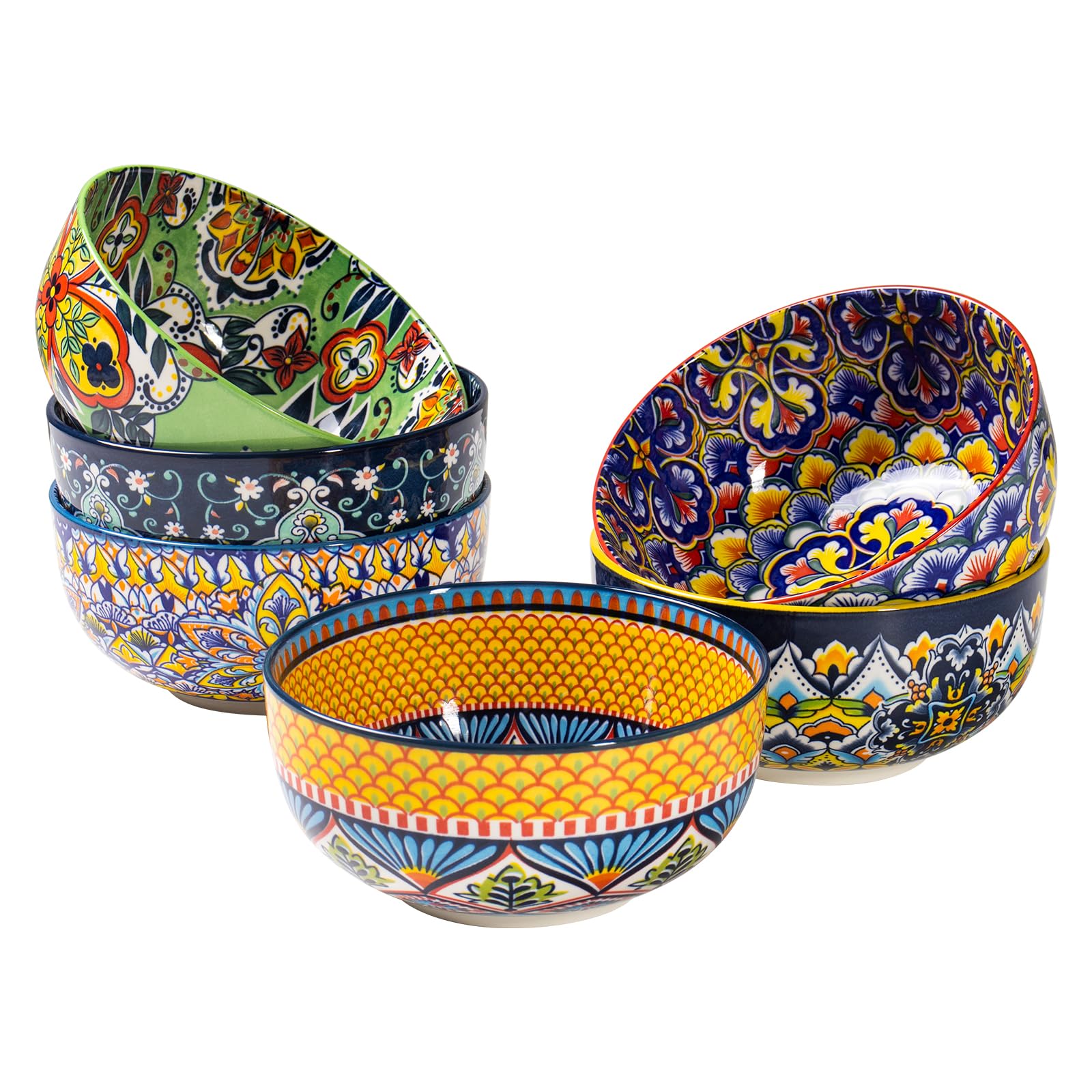 HENXFEN LEAD Porcelain Cereal Bowls, 6 Pieces 28oz Soup Bowls for Cereal, Soup, Salad, Pasta, etc. Bohemian Floral Design in 6 Vibrant Colours