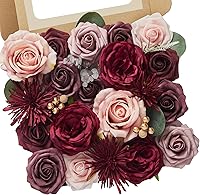 Vista 1 de Serwalin Flores de seda, flores artificiales burdeos para decoración de boda, rosas falsas rosas rosas y rojas con tallos y caja de vegetación
