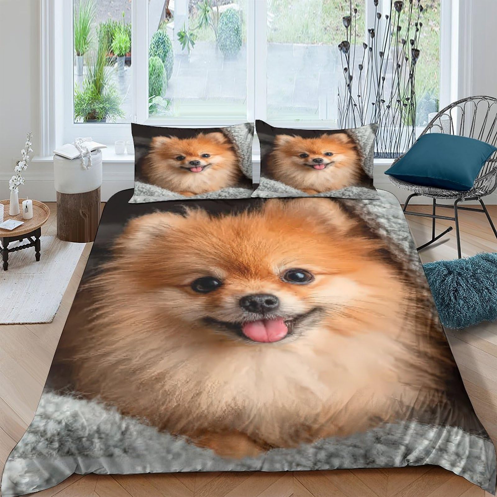 Ctjqhvkz Style-2 3D Printed Pomeranian Dog Fitted Sheet Microfiber Fluffy Animal Face Bed Cover For Bedroom Dorm Mattress Decor Single（135X200cm）