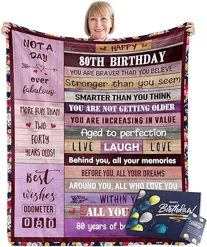 Cinchas de cumpleaños número 80 para mujer, manta de cumpleaños número 80 con caja de regalo, decoraciones de cumpleaños de 80 para mujeres, regalos