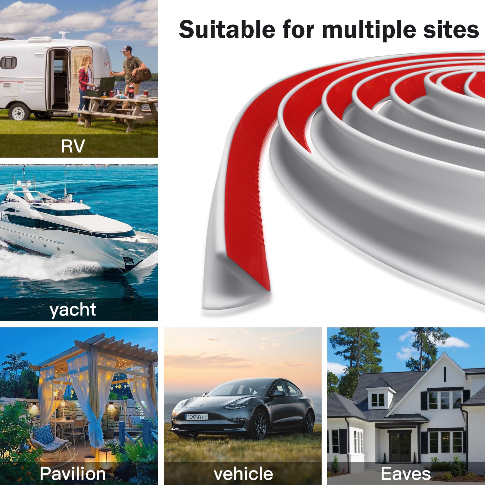 J Shape Gouttière RV, Dos autocollant, Bande de Déviation de Pluie de Toit pour Véhicule, Camion, Camping-car, Bateau, Voiture, Van, Porte, Camping-car