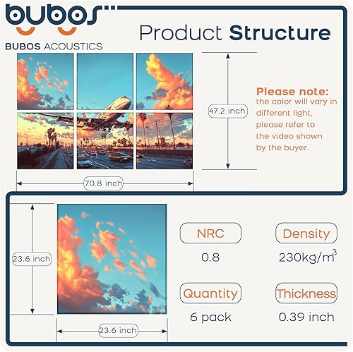 Miniatura 168 de BUBOS Paquete de 8 paneles acústicos artísticos insonorizados, paneles de pared de 47.2 x 31.4 pulgadas, paneles de pared acústicos decorativos