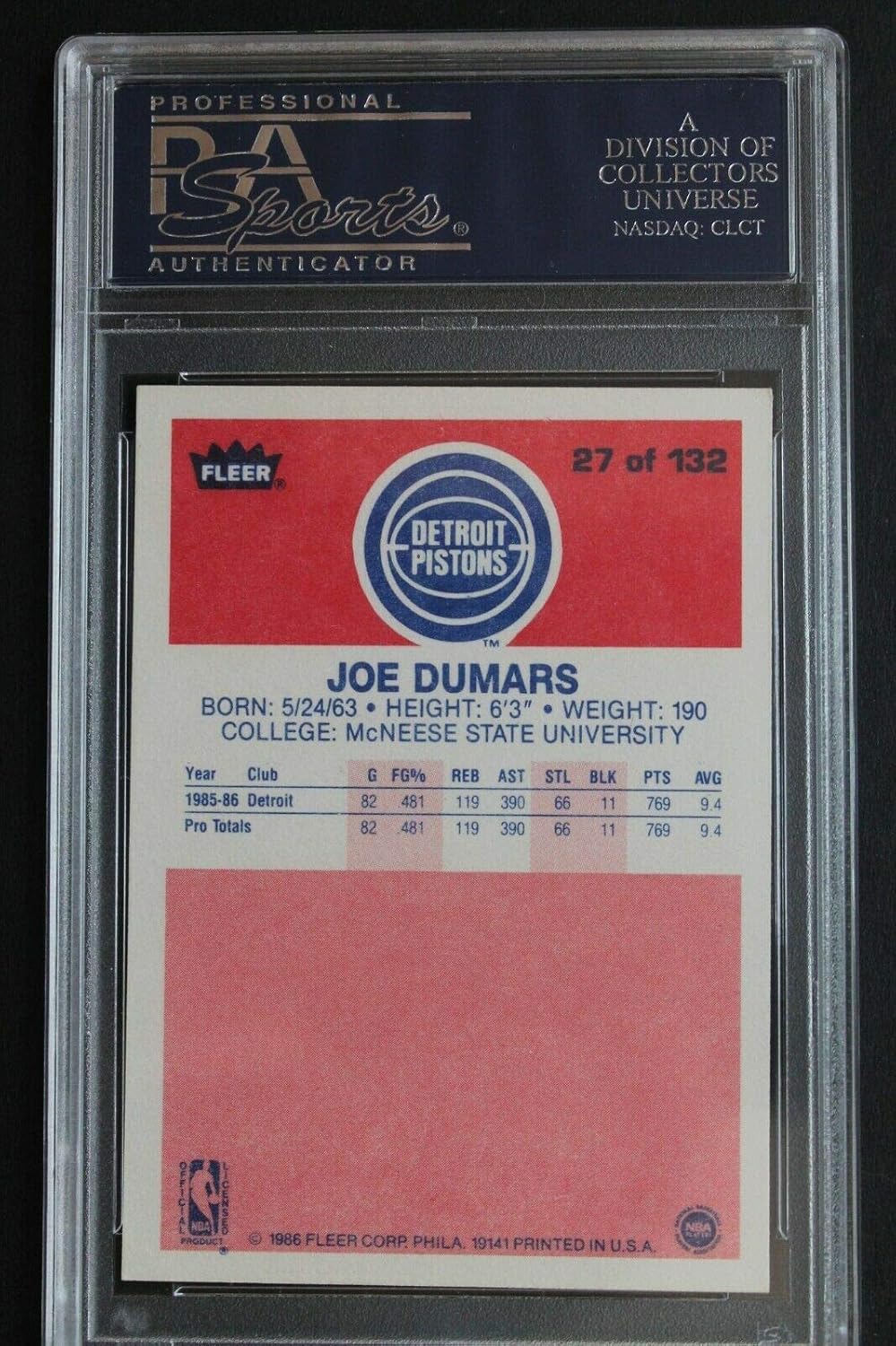 Joe Dumars Signed 1986 Fleer #27 Autographed Basketball Card PSA Authentic