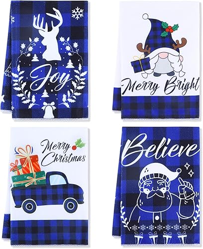 4 toallas de cocina de Navidad a cuadros azules de búfalo azul de Navidad paños de cocina de Navidad de 18 x 26 pulgadas toallas de cocina de