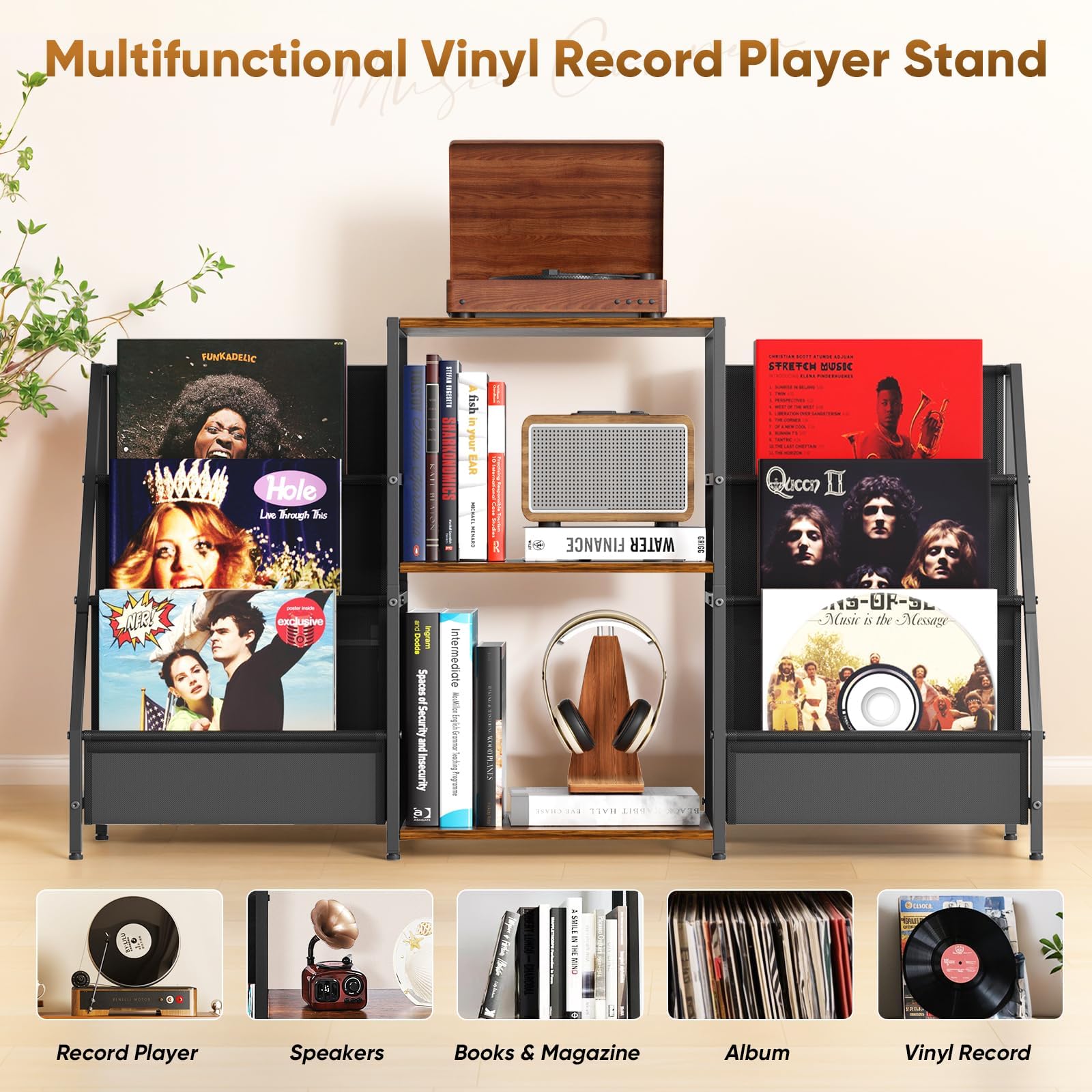 Supporto per giradischi, Tavolo a 3 livelli, Stoccaggio di dischi in vinile fino a 200 album, 123 * 30 * 73 cm, Supporto per giradischi per l'esposizione e l'archiviazione in soggiorno, camera