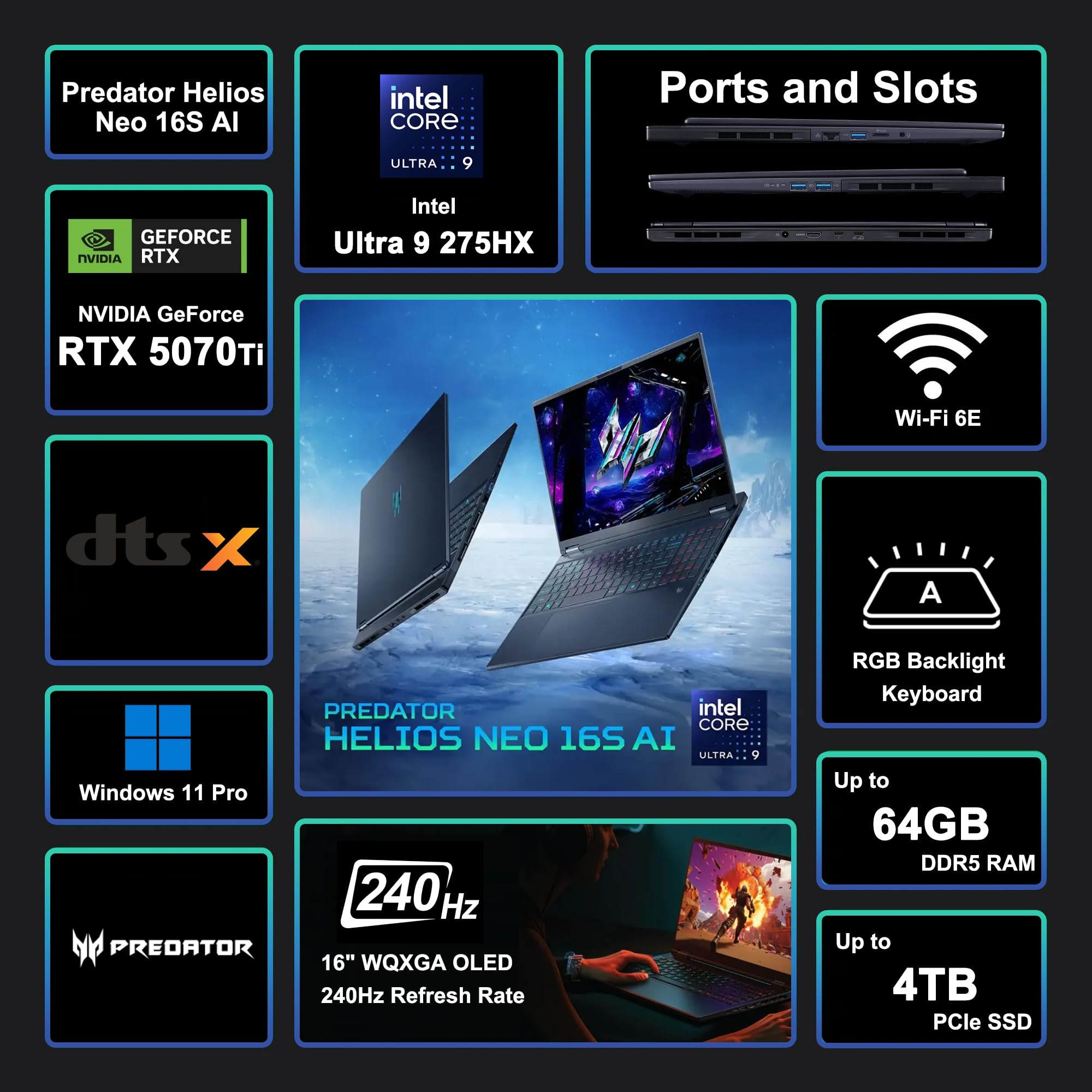 Acer Predator Helios 16S AI Portatile Gaming, Processore Intel Ultra 9