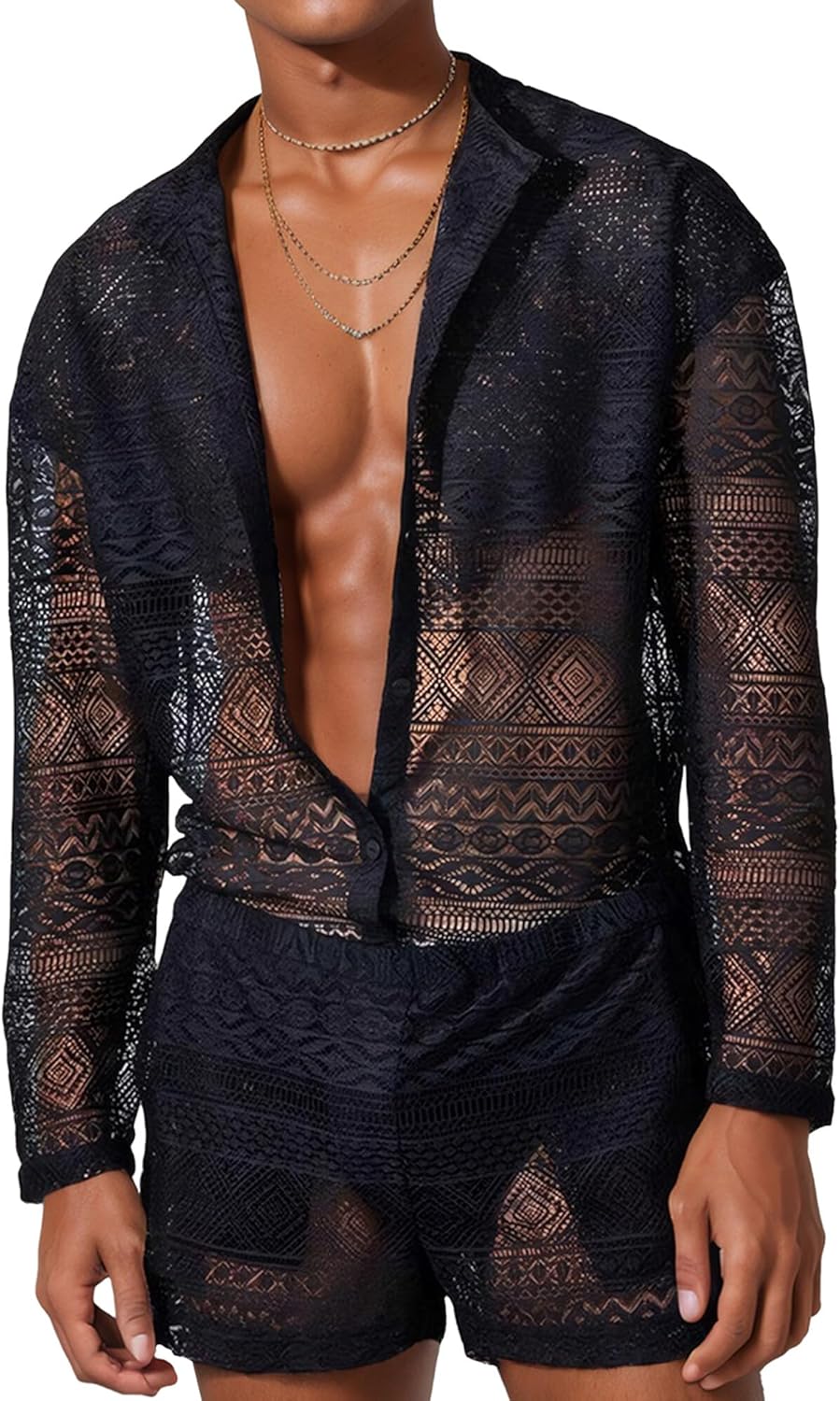 Panegy Men Lace Mesh Outfits 2 Piece Beach Shirt and Shorts Set Tracksuit Summer 2024 M-3XL