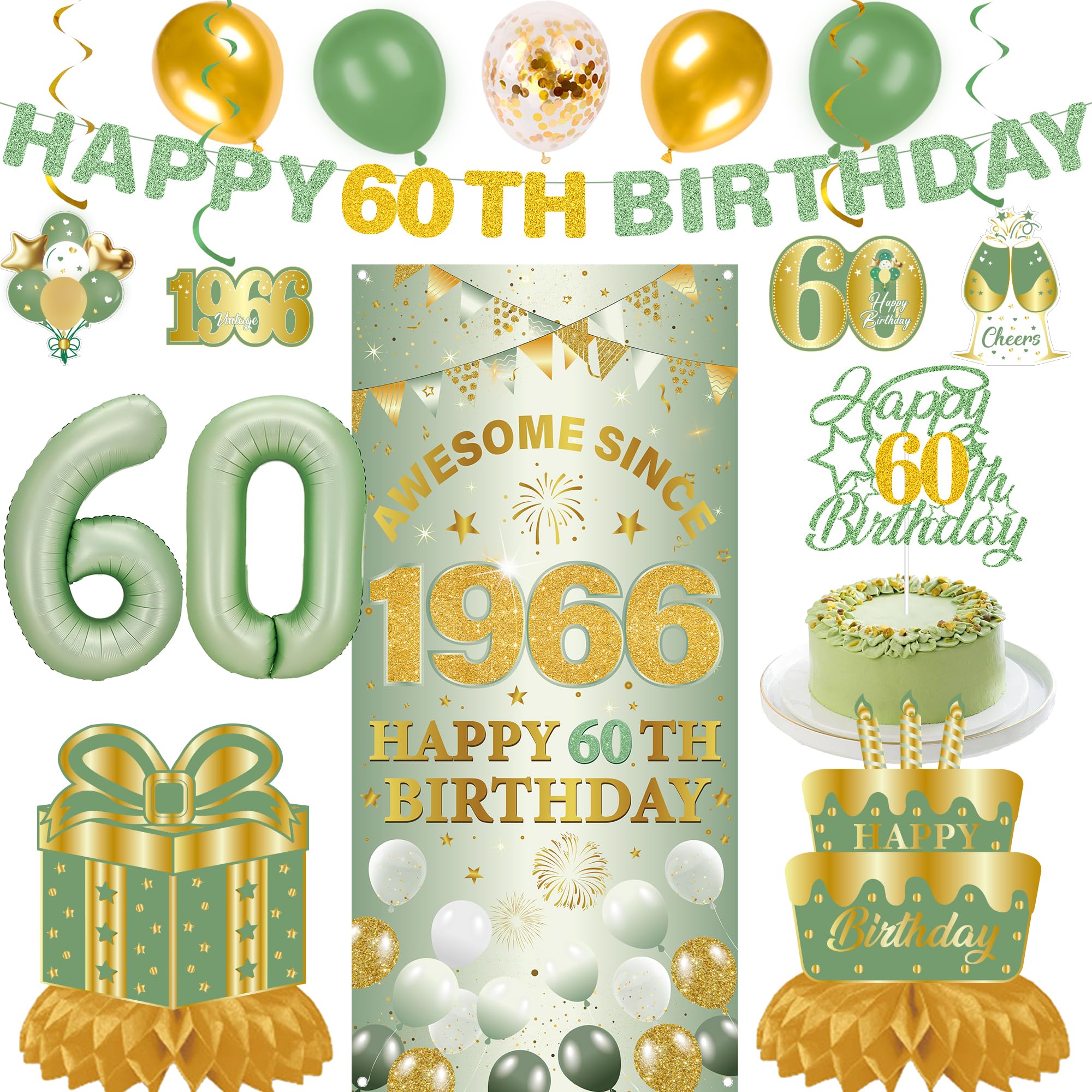 60th Birthday Decorations Women Men - 16 Pcs Green Gold 60th Birthday Banners Balloons Cake Topper Hanging Swirls Awesome Since 1966 Bday Background for Sixty Year Old Party Supplies Decor