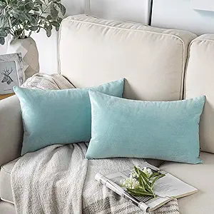 Phantoscope Pack of 2 Velvet Decorative Throw Pillow Covers Soft Solid Square Cushion Case for Couch Light Blue 12 x 20 inches 30 x 50 cm