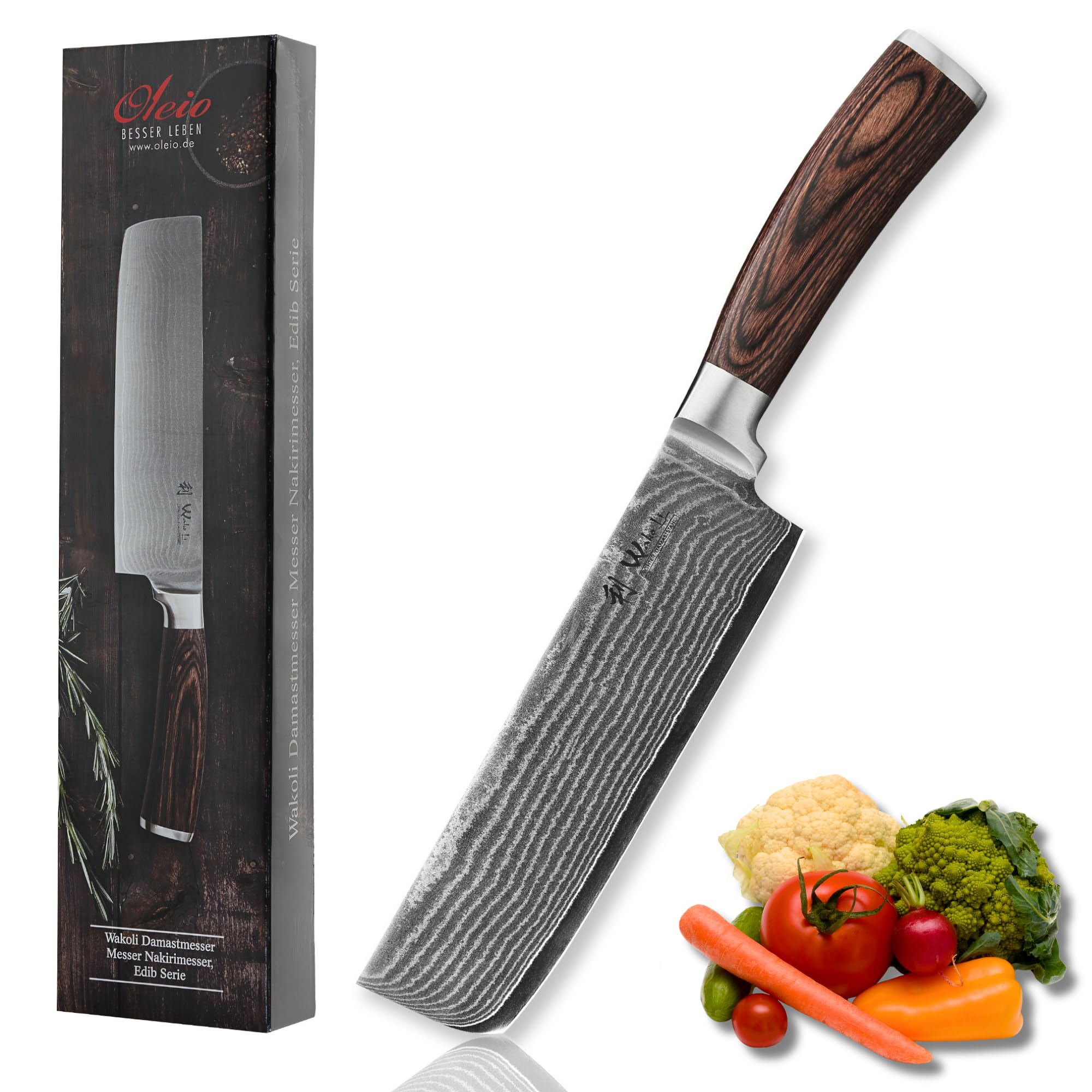 Wakoli EDIB 17,5 cm Nakiri Knife, Damascus Chef Knife made from 67 Layers Damascus Steel with VG10 Core, Razor-Sharp Kitchen Knife with Pakkawood Handle in Gift Box