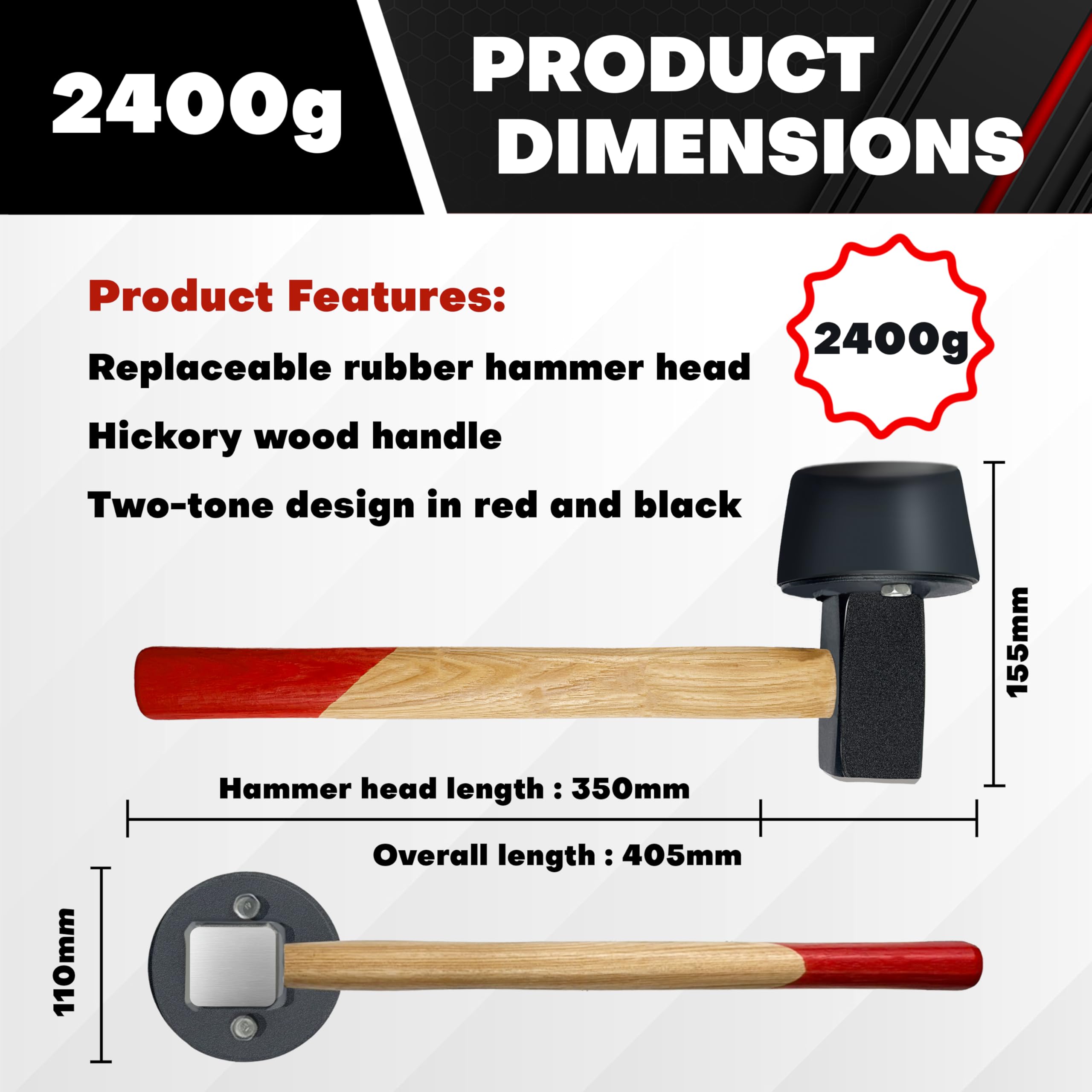 C&T Plattenverlegehammer 2400g - 110mm Ø austauschbarer Gummikopf, Pekannuss-Holzhandgriff, Rot-Schwarz Design, Hammer/Schonhammer/Pflasterhammer/Plattenhammer für Fliesen & Bodenbeläge