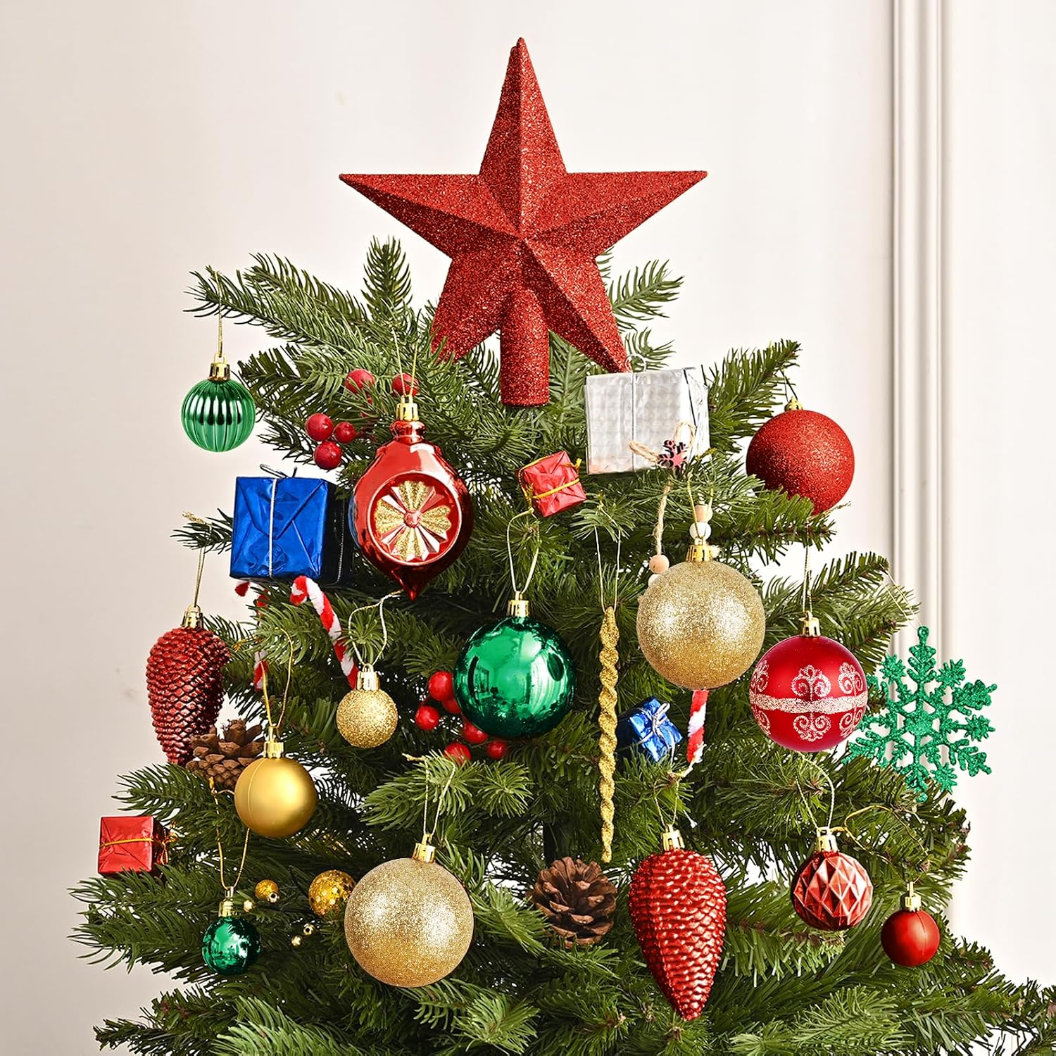 100PCS Christmas Balls Ornaments with Tree Topper, Gold+Red+Green Shatterproof Hanging Xmas Tree Decorations