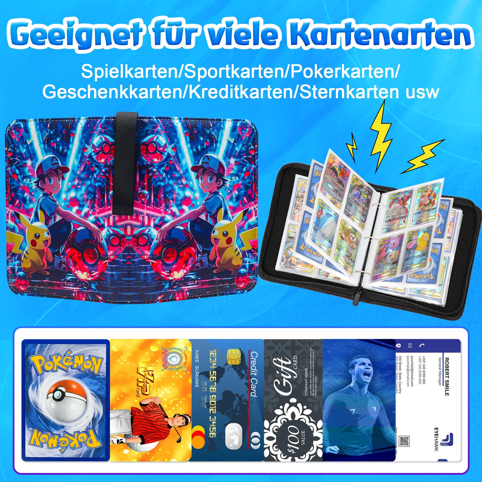 LYAILOOGXL Sammelalbum für Pokemon 400 Karten, Reißverschluss Sammelkarten Album Passt für 400 Karten mit 50 Abnehmbaren Hüllen,PU-Material mit wasserdichter Oberfläche - 4